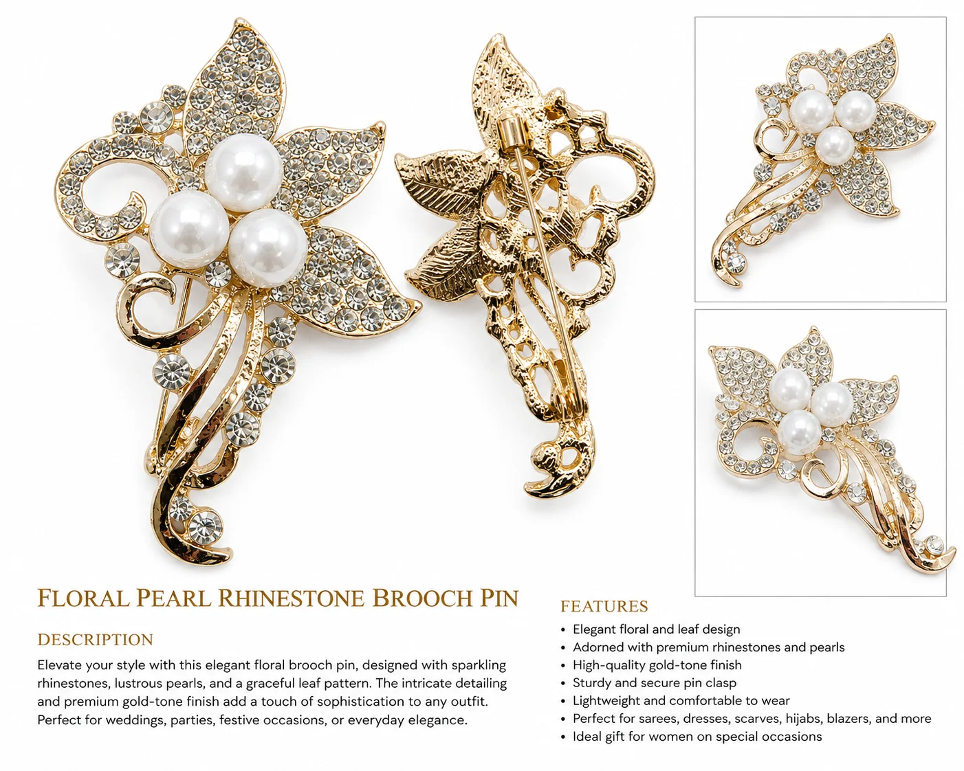 Luxury Floral Crystal Pearl Brooch Pin for Women – Gold Finish