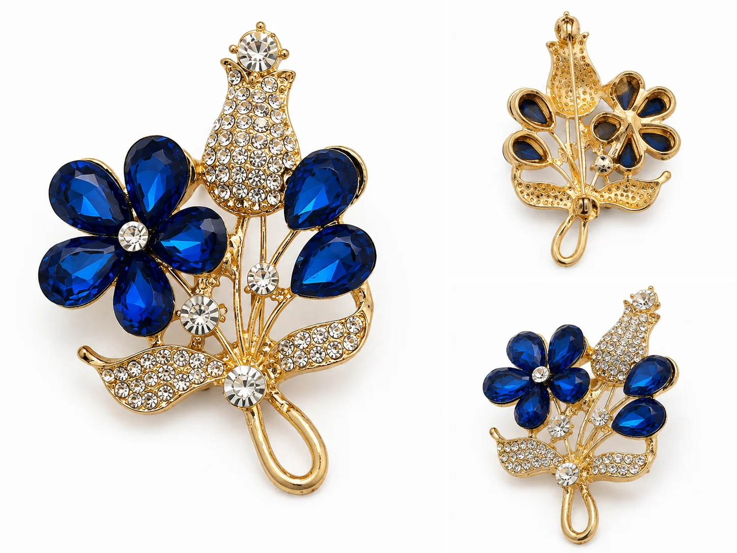 Luxury Blue Crystal Floral Brooch Pin for Women – Gold Finish