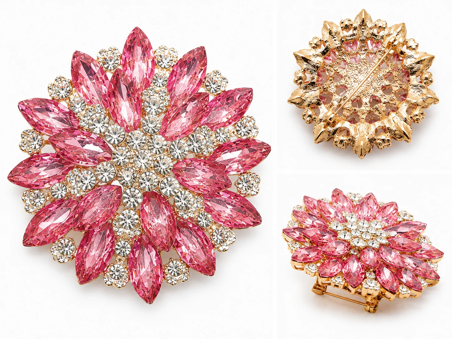 Luxury Two-Tone Crystal Flower Brooch Pin for Women – Pink & Champagne Rhinestone Floral Brooch