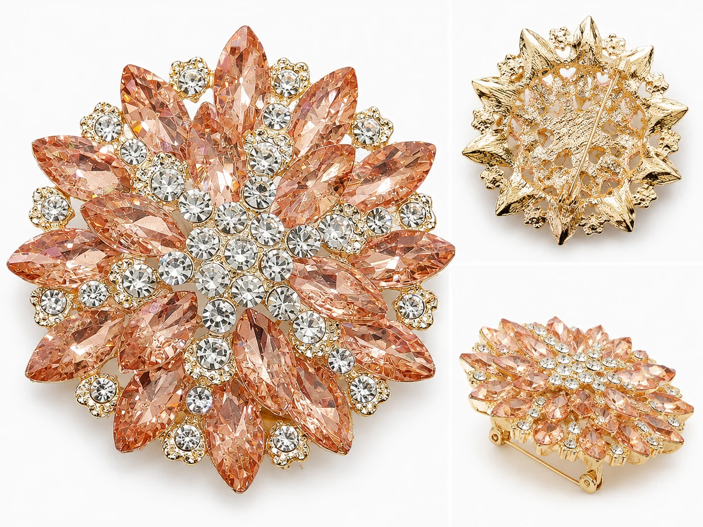 Luxury Two-Tone Crystal Flower Brooch Pin for Women – Pink & Champagne Rhinestone Floral Brooch