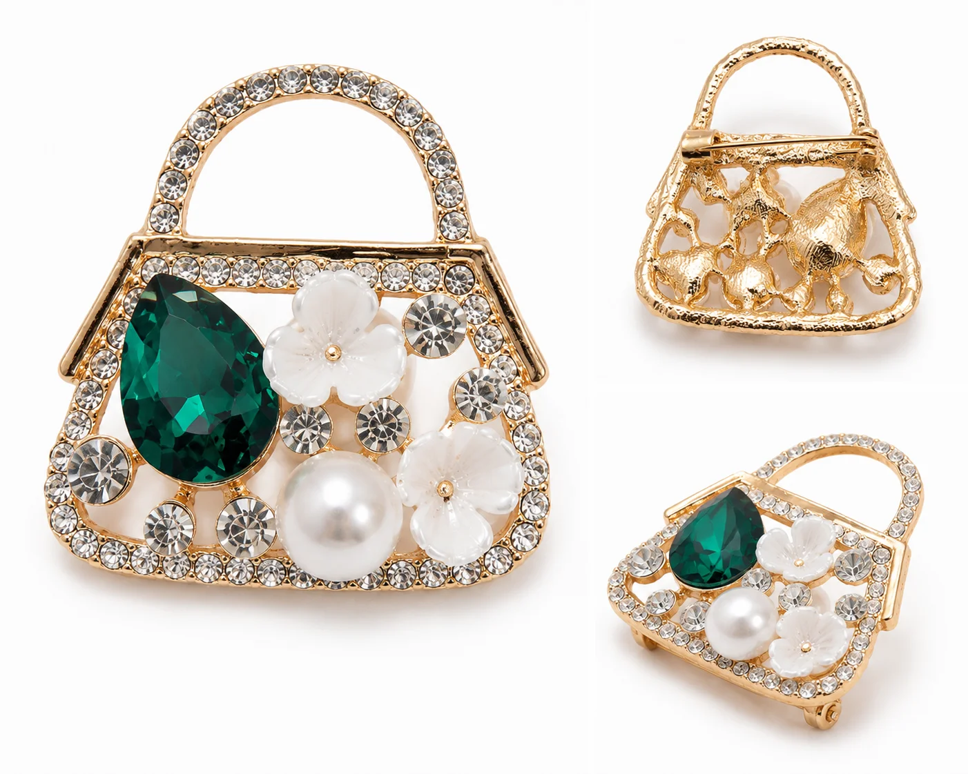 Green Stone, Pearl & Floral Rhinestone Brooch for Women