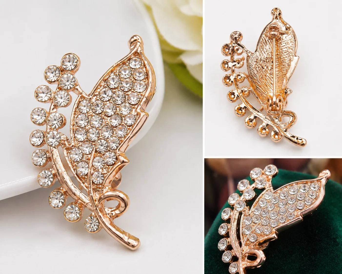 Luxury Rose Gold Leaf Crystal Brooch Pin for Women