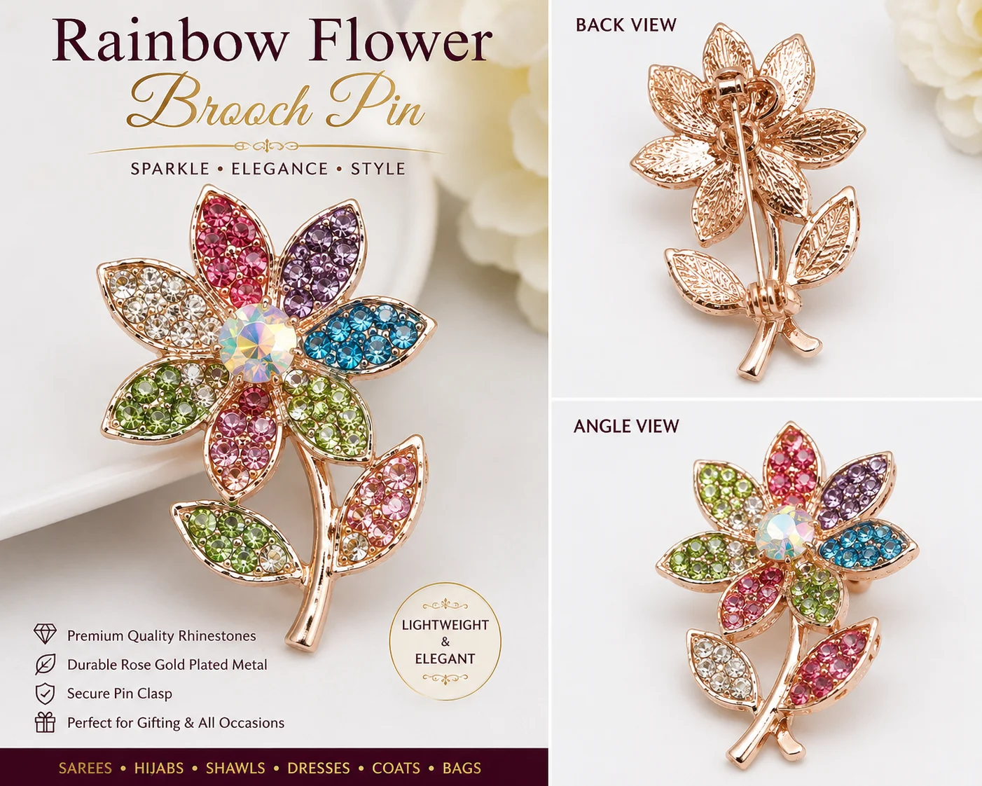 Rainbow Crystal Flower Brooch Pin for Women
