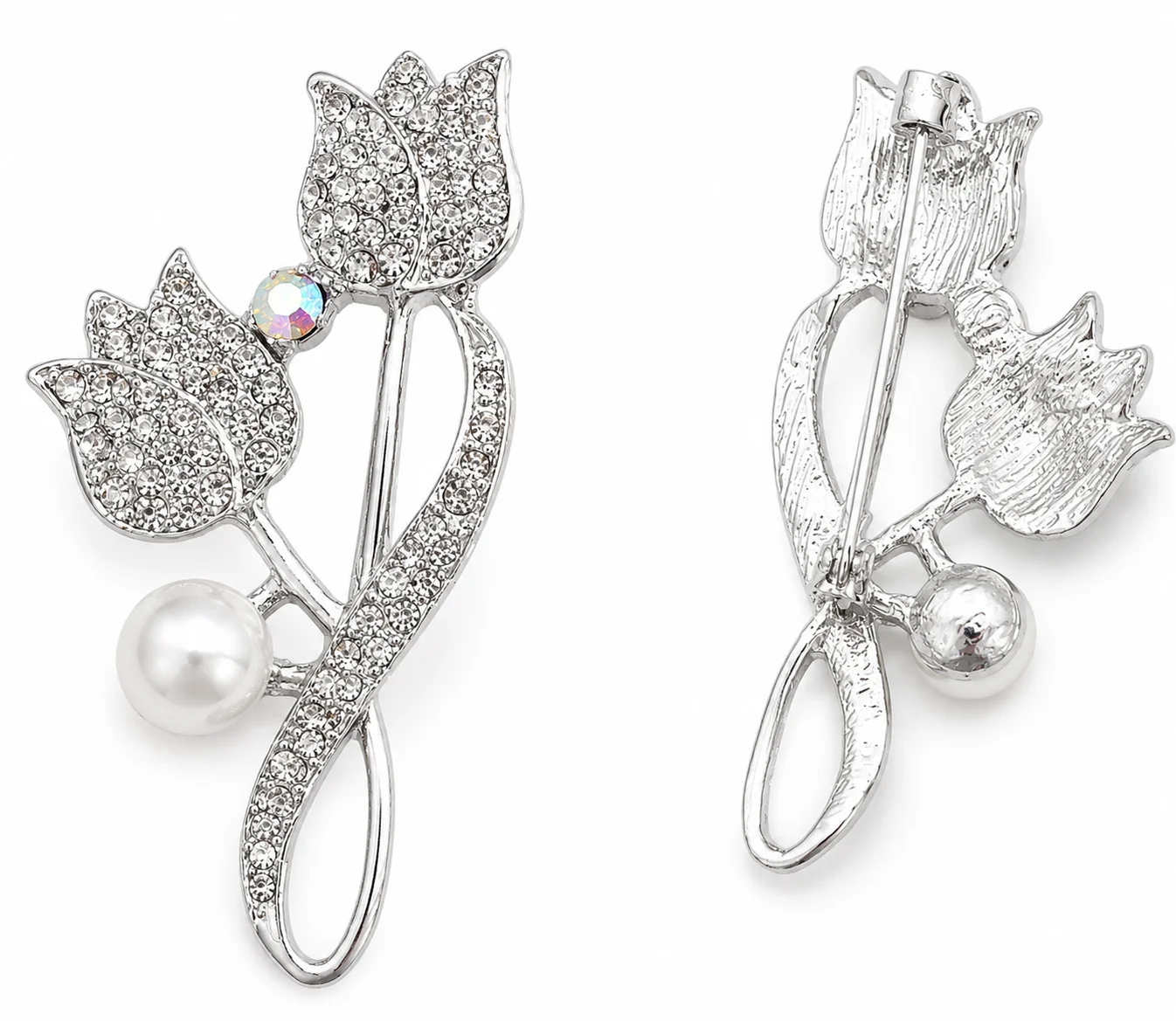 Elegant Silver Tulip Crystal Pearl Brooch Pin for Women