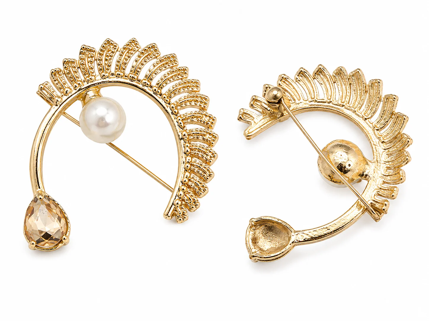 Elegant Gold Pearl & Crystal Brooch Pin