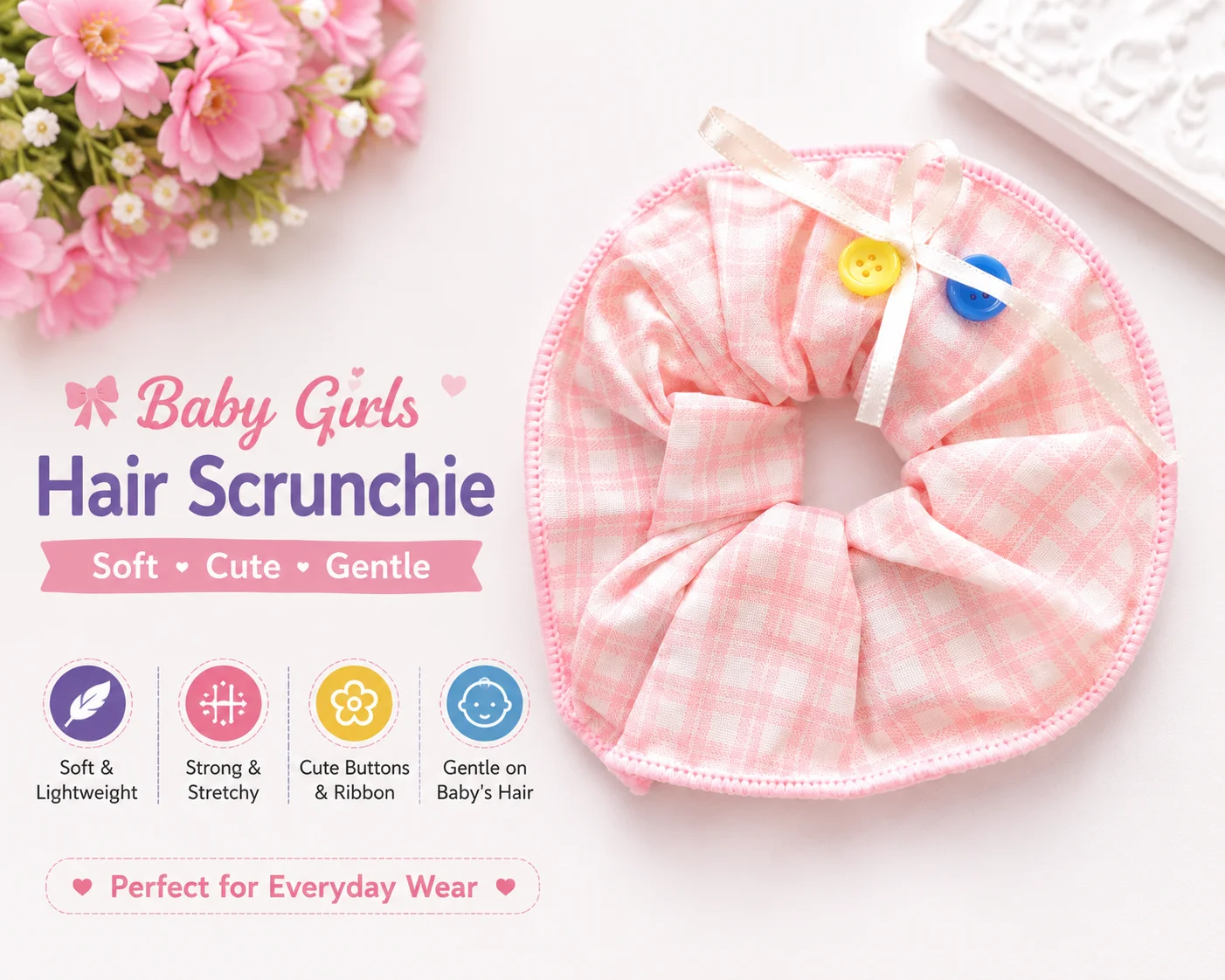 Soft Cotton Elastic Hair Ties (Heart & Plaid Design)
