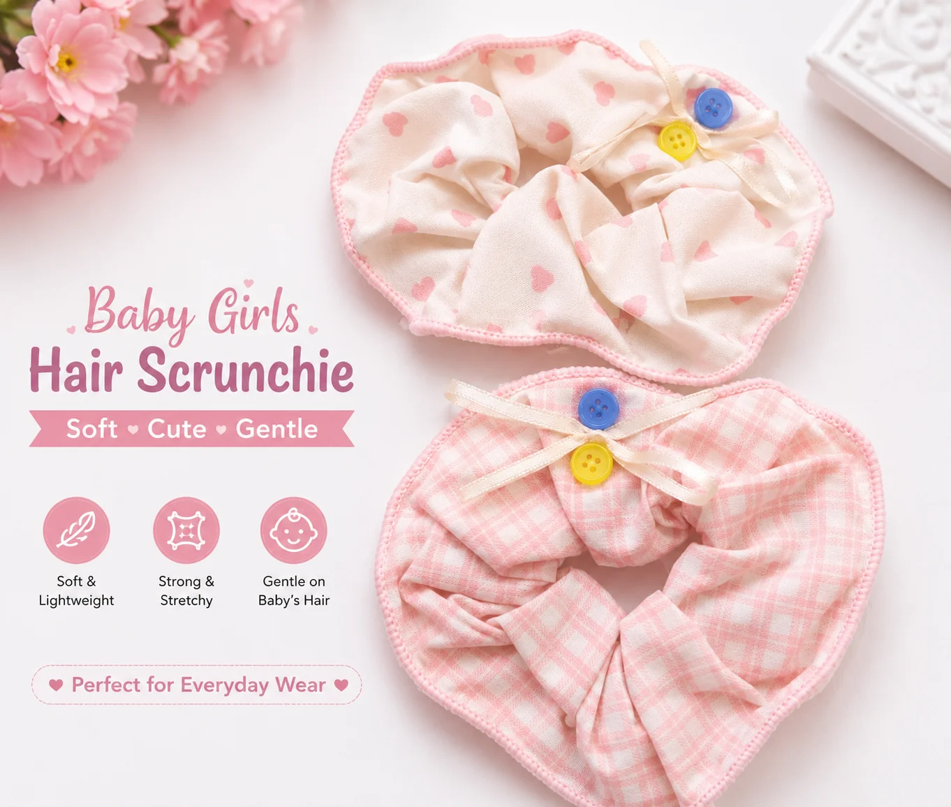 Soft Cotton Elastic Hair Ties (Heart & Plaid Design)