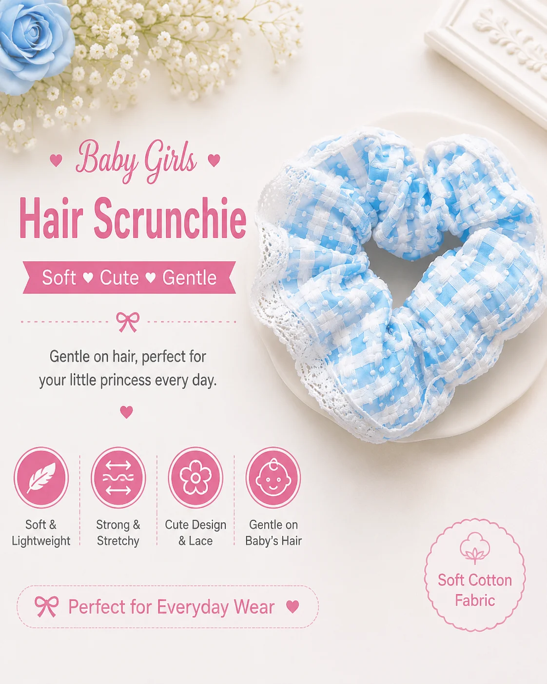 Baby Girls Lace Hair Scrunchie Set – Soft Cotton Elastic Hair Ties