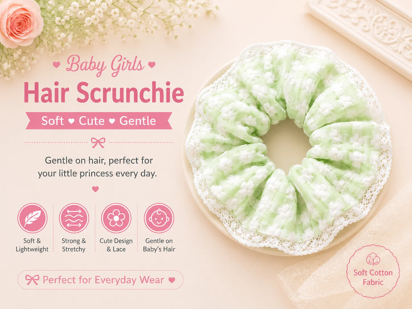 Baby Girls Lace Hair Scrunchie Set – Soft Cotton Elastic Hair Ties
