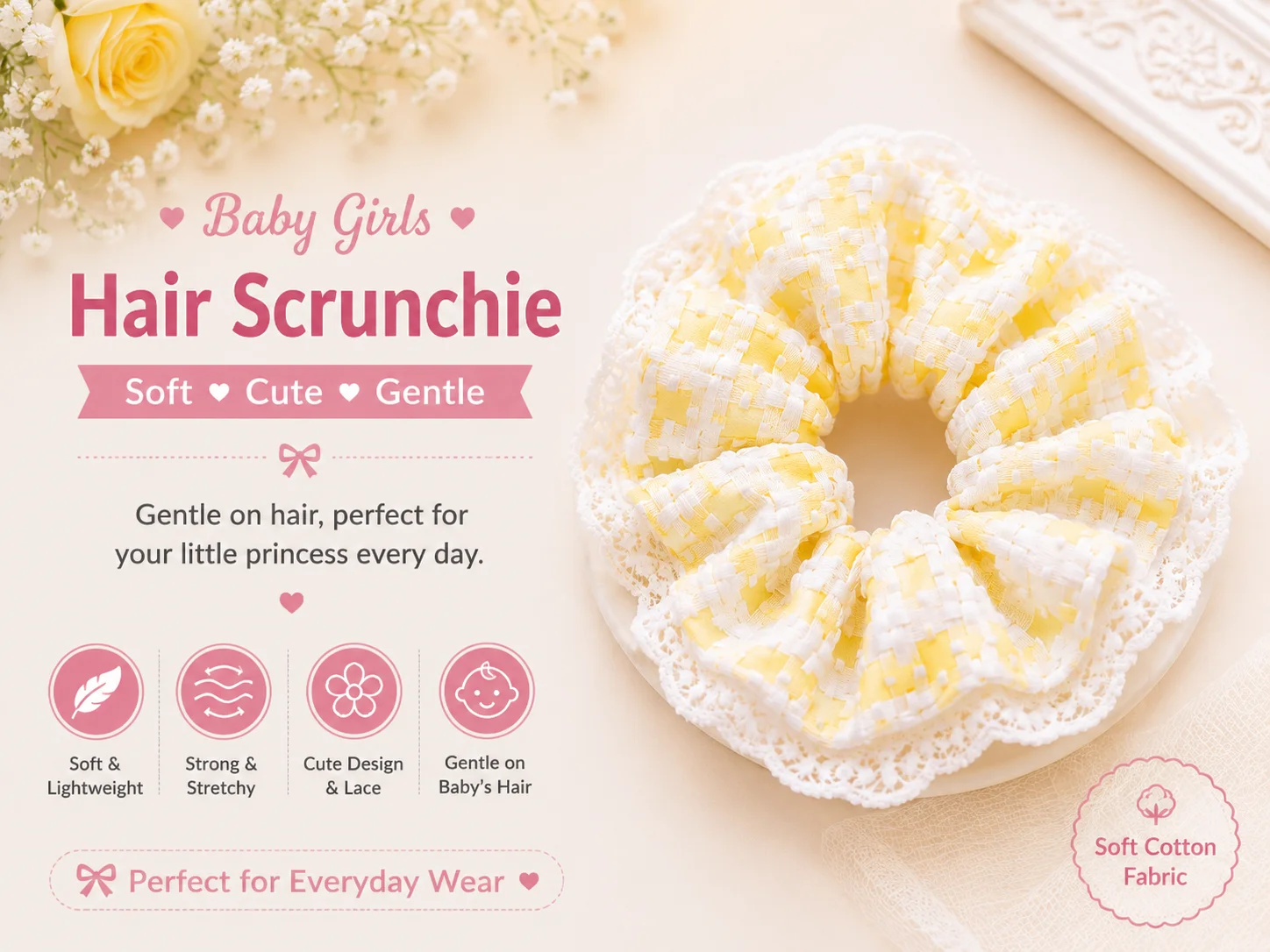 Baby Girls Lace Hair Scrunchie Set – Soft Cotton Elastic Hair Ties
