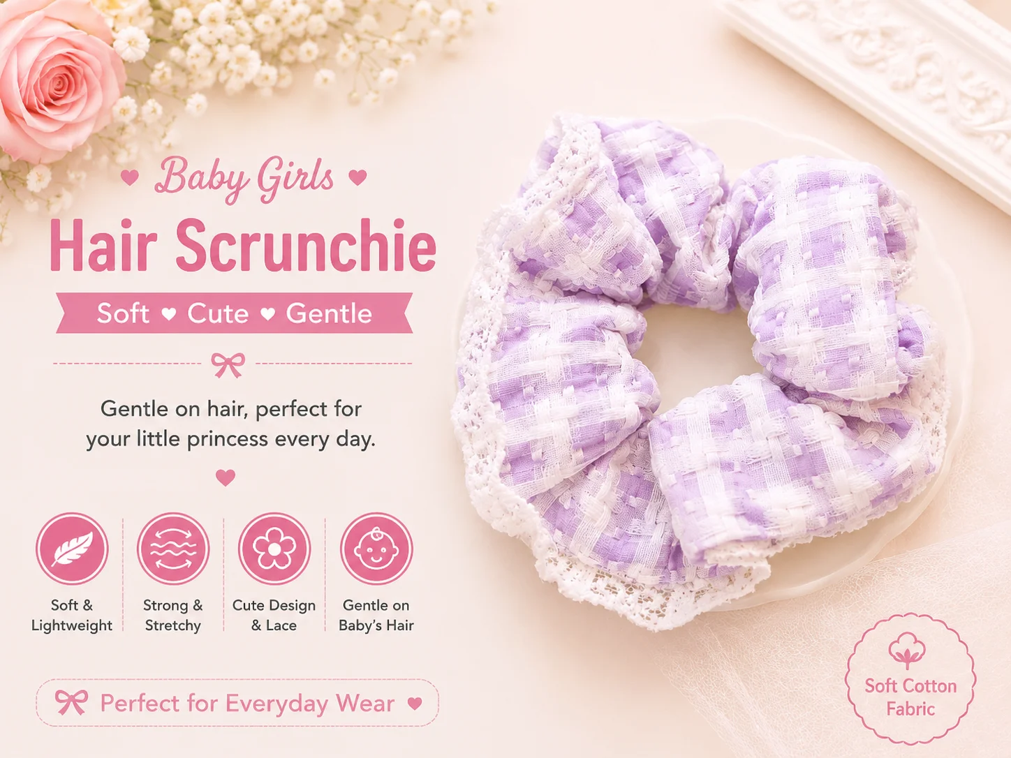 Baby Girls Lace Hair Scrunchie Set – Soft Cotton Elastic Hair Ties