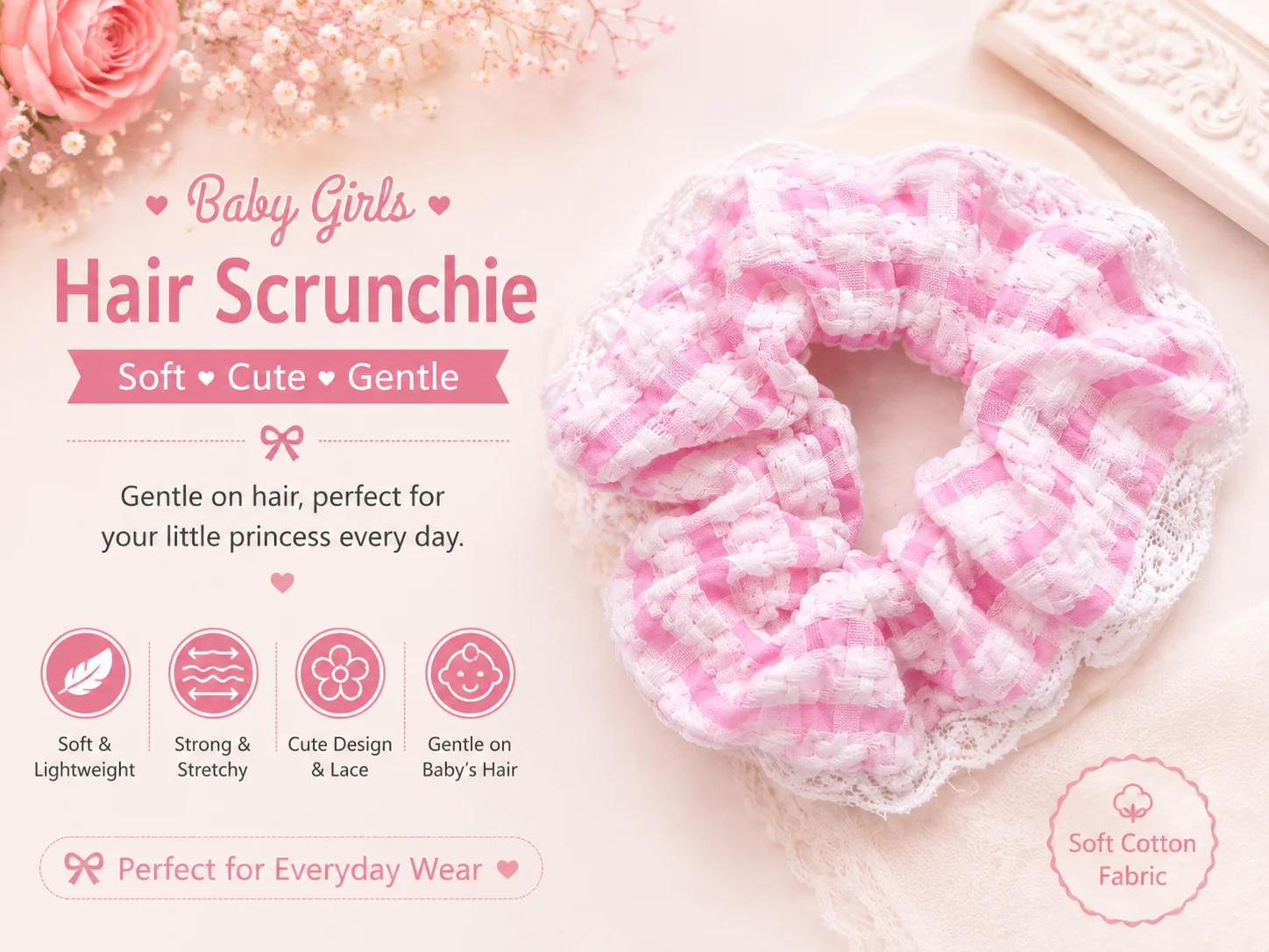 Baby Girls Lace Hair Scrunchie Set – Soft Cotton Elastic Hair Ties