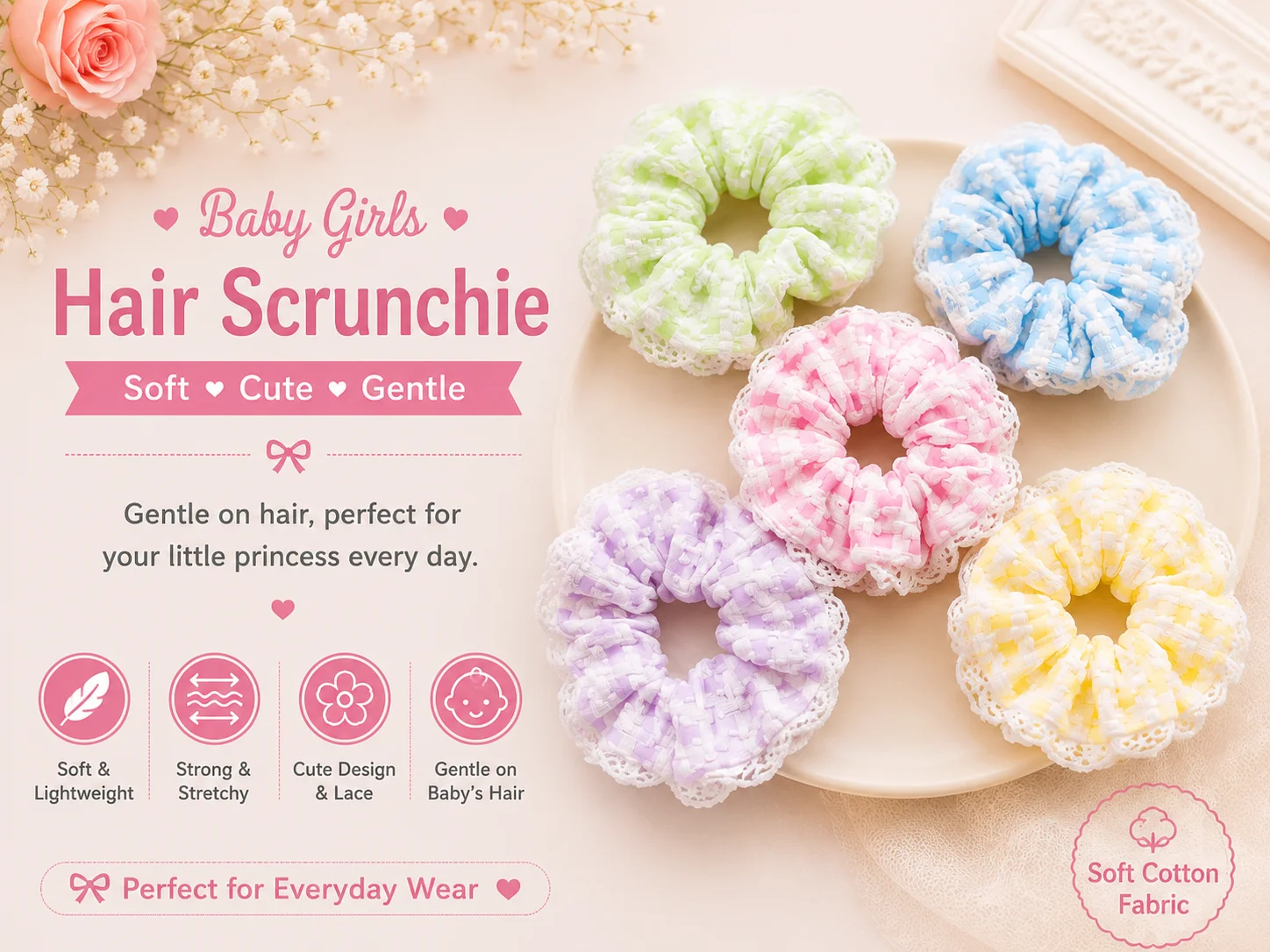 Baby Girls Lace Hair Scrunchie Set – Soft Cotton Elastic Hair Ties