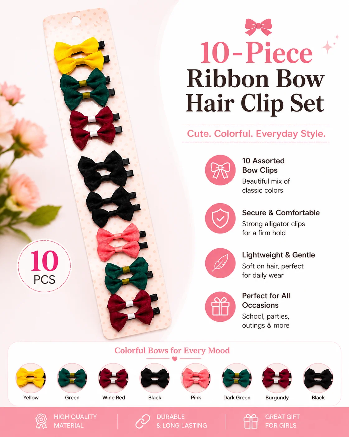 Girls Ribbon Bow Hair Clip Set – Colorful Alligator Hair Clips
