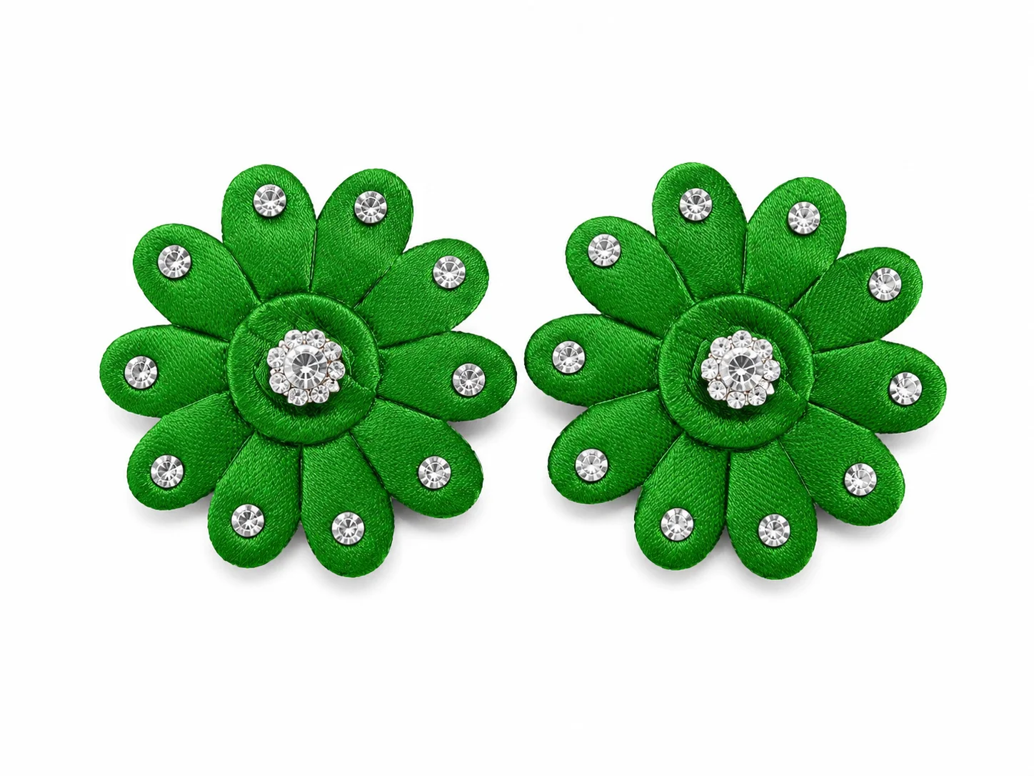 Green & White Rhinestone Flower Hair Clip Set