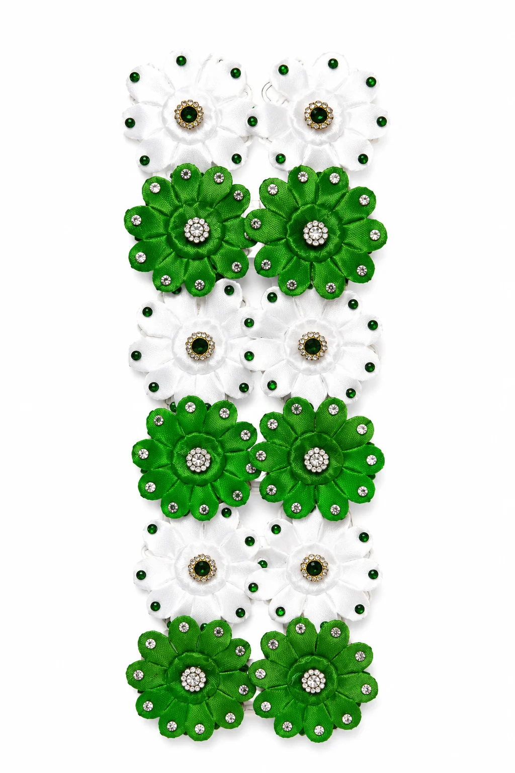 Green & White Rhinestone Flower Hair Clip Set