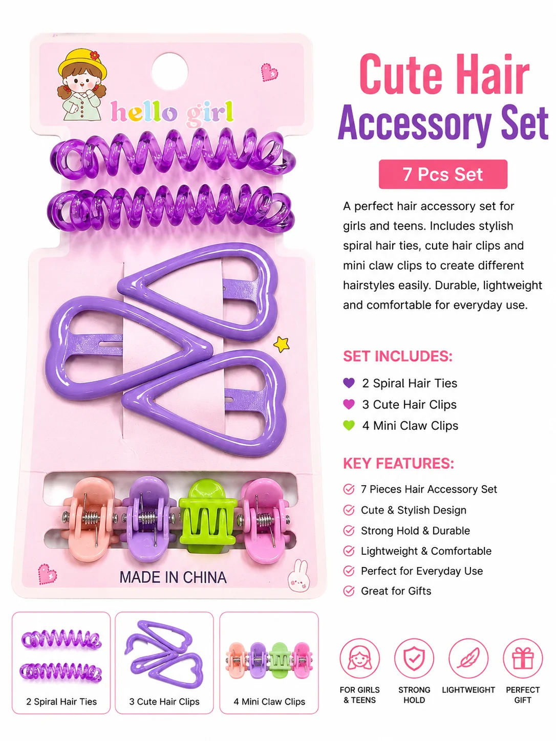 Heart Snap Clips, Spiral Hair Ties & Mini Claw Clips (Multicolor)