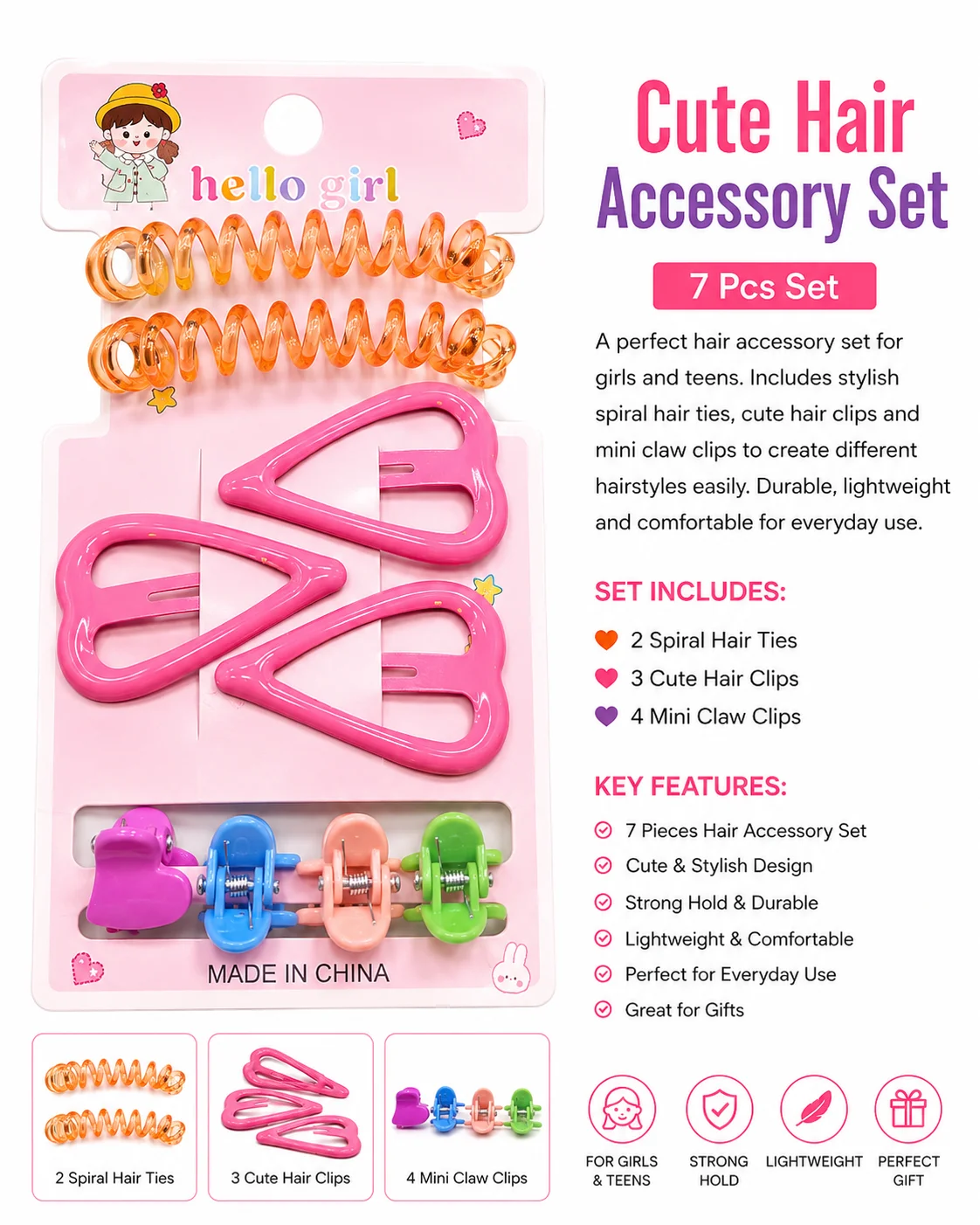 Heart Snap Clips, Spiral Hair Ties & Mini Claw Clips (Multicolor)