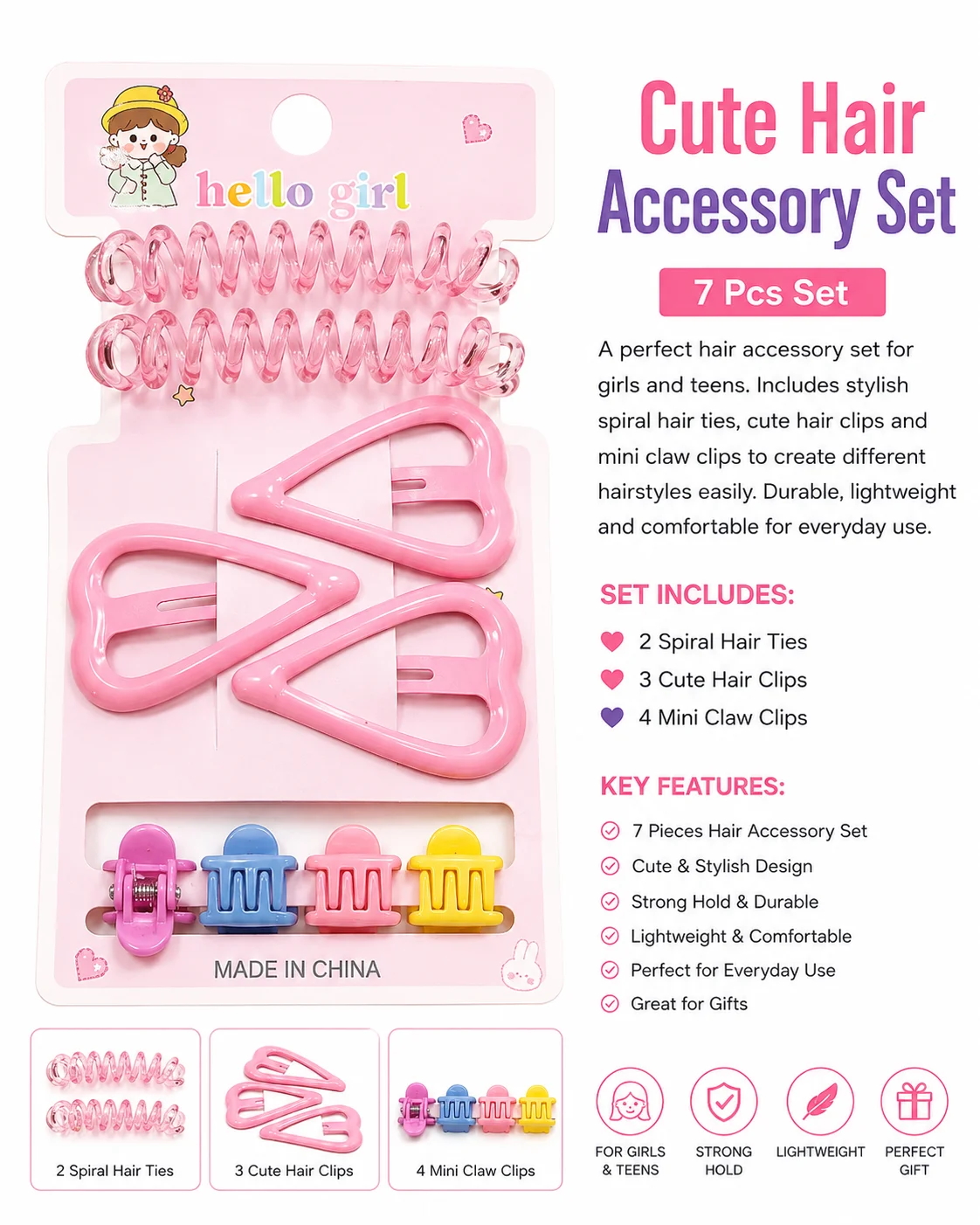 Heart Snap Clips, Spiral Hair Ties & Mini Claw Clips (Multicolor)