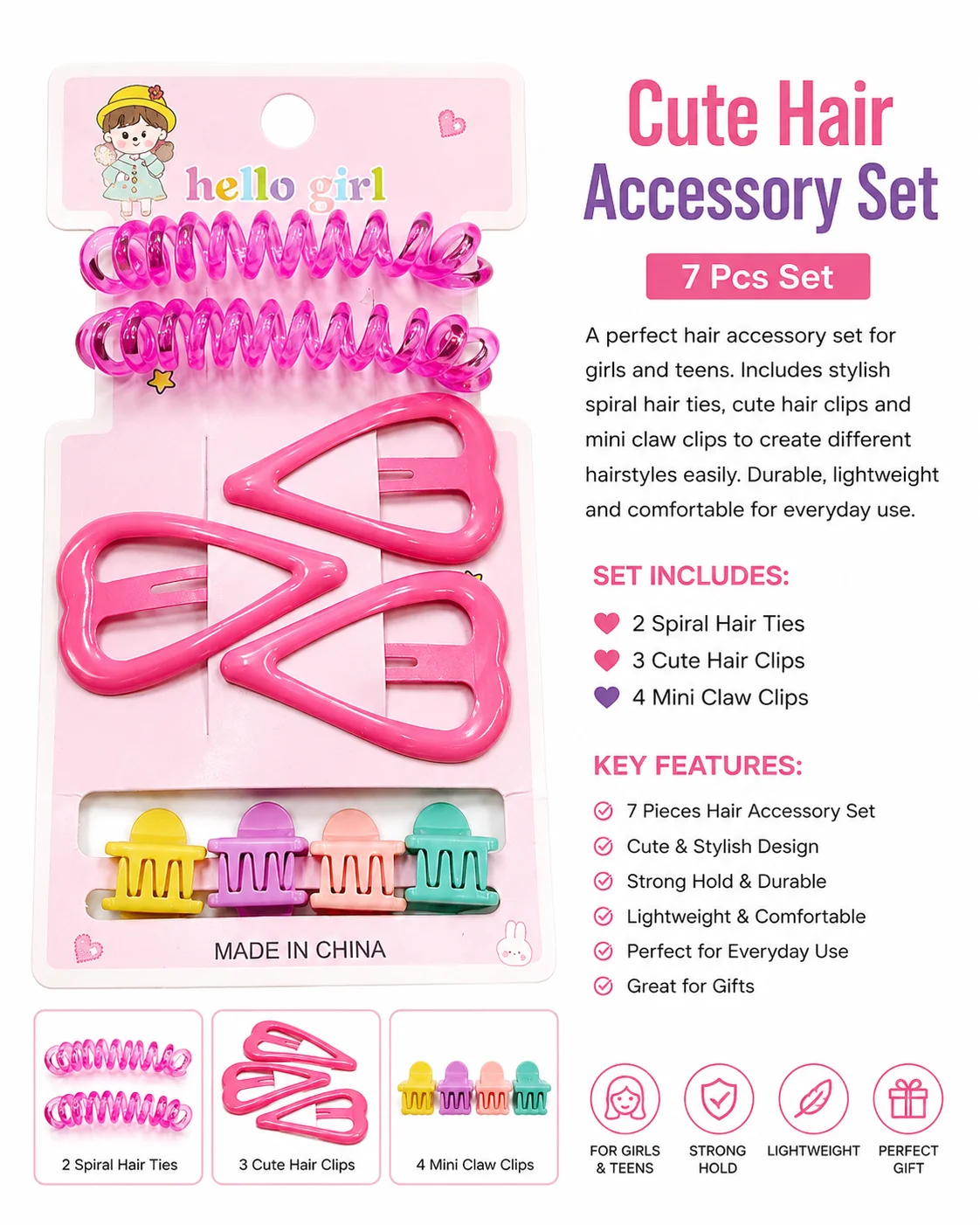 Heart Snap Clips, Spiral Hair Ties & Mini Claw Clips (Multicolor)