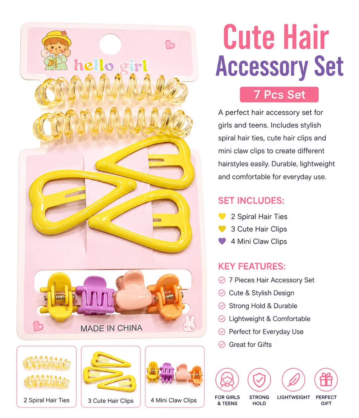 Heart Snap Clips, Spiral Hair Ties & Mini Claw Clips (Multicolor)