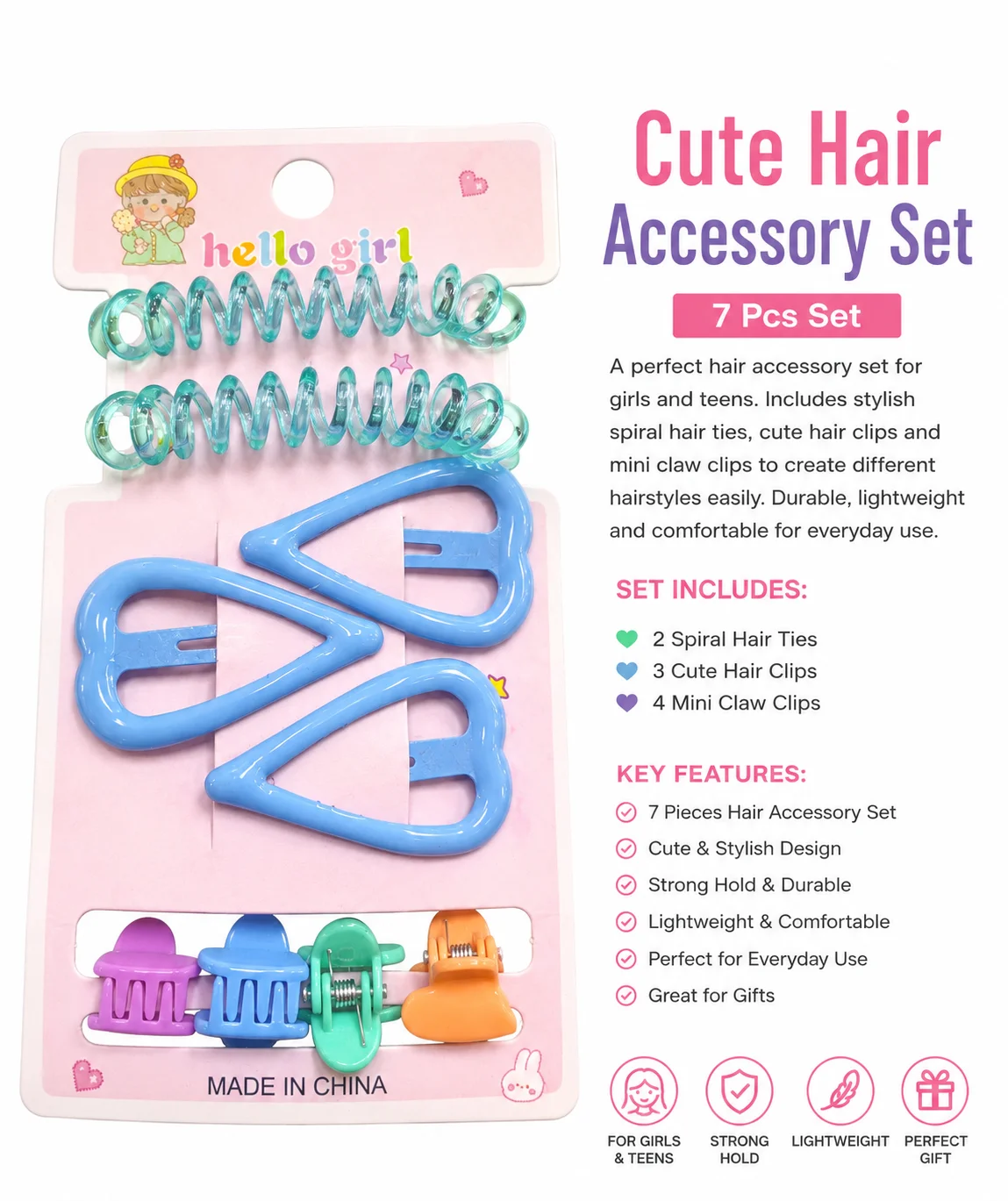Heart Snap Clips, Spiral Hair Ties & Mini Claw Clips (Multicolor)