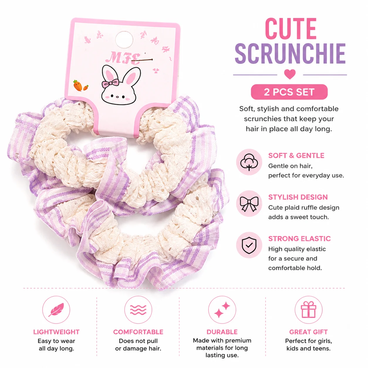 Plaid Ruffle Hair Scrunchie Set – Soft Elastic Ponytail Hair Bands