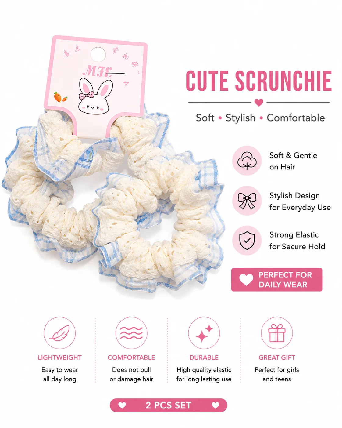Plaid Ruffle Hair Scrunchie Set – Soft Elastic Ponytail Hair Bands