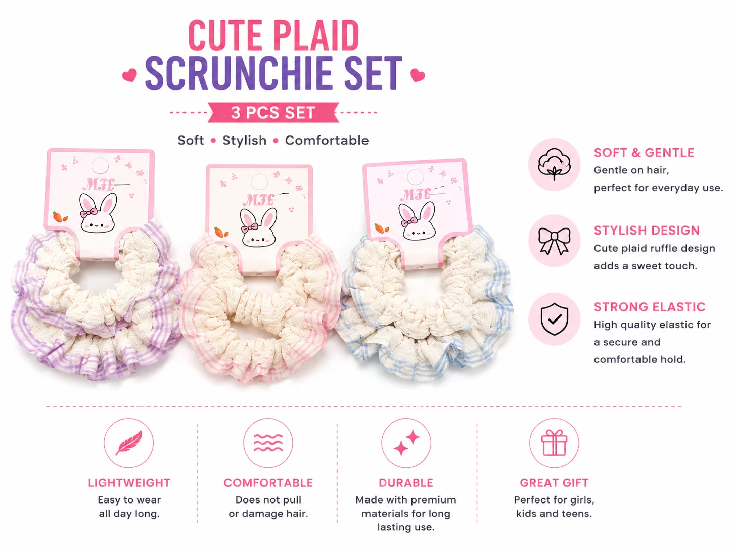 Plaid Ruffle Hair Scrunchie Set – Soft Elastic Ponytail Hair Bands
