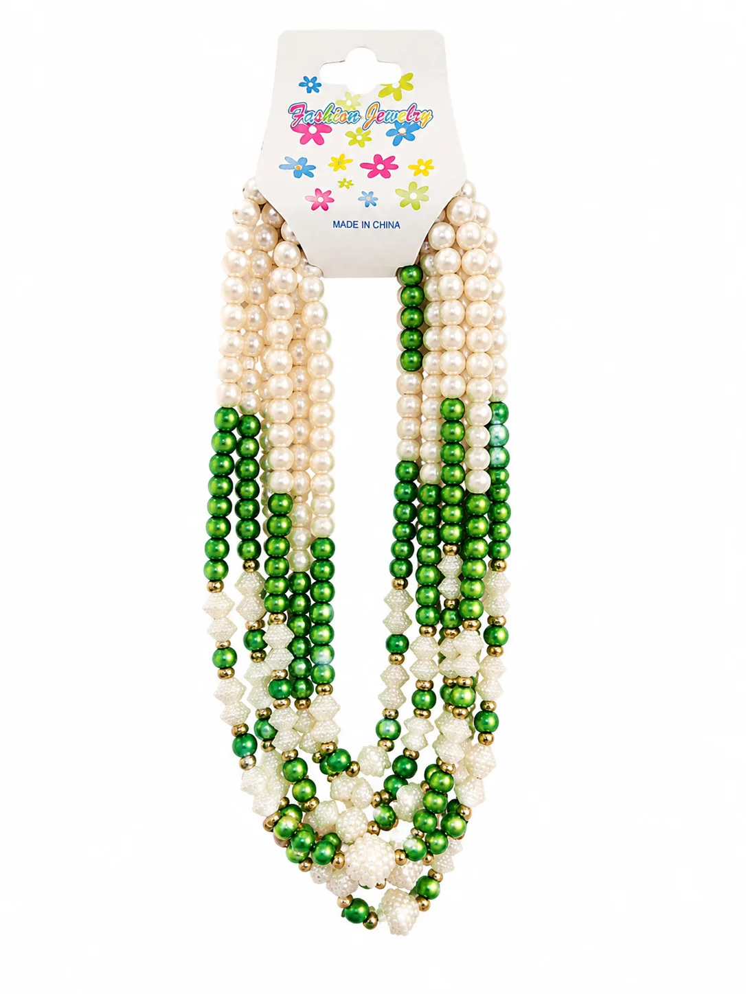 Elegant Green & White Multi-Layer Pearl Beaded Necklace Set