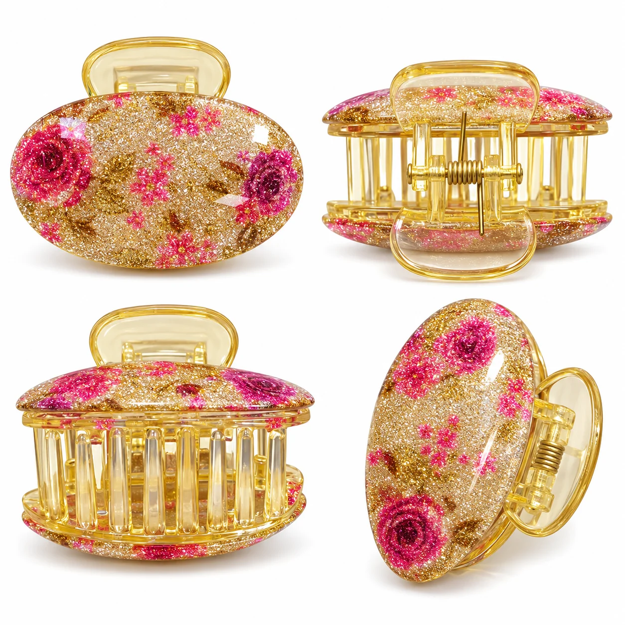 Glitter Floral Hair Claw Clip Set – Stylish Ladies Hair Catcher