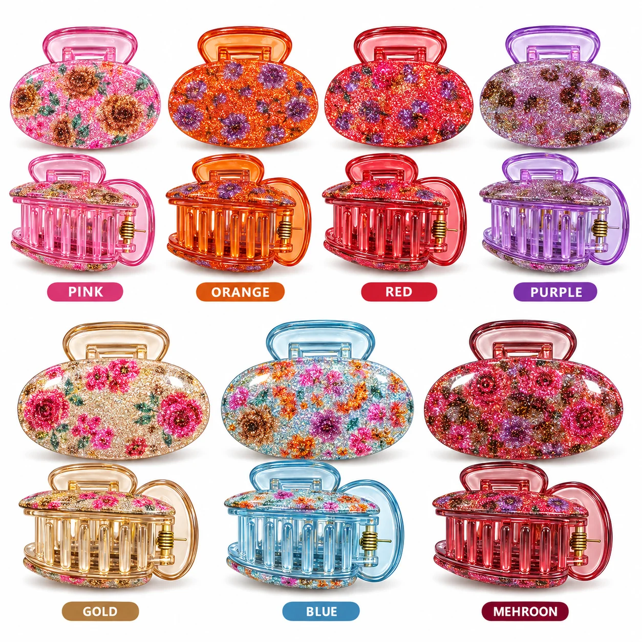 Glitter Floral Hair Claw Clip Set – Stylish Ladies Hair Catcher