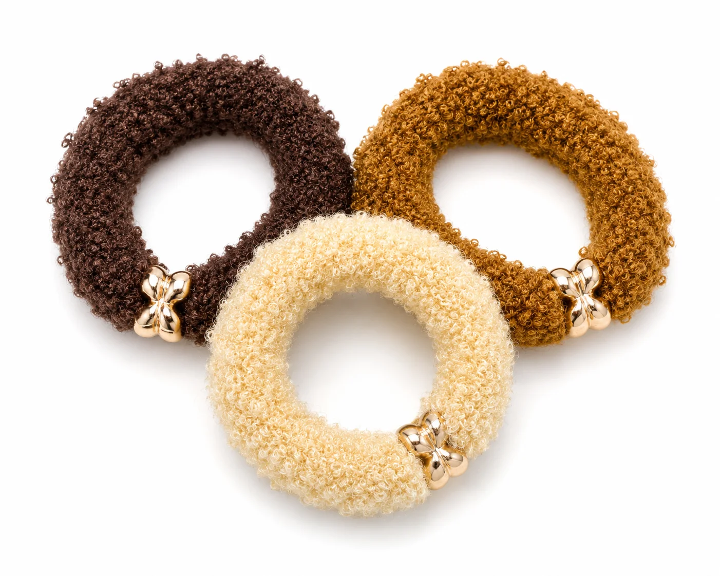 Premium Curly Hair Scrunchies Set – Brown, Caramel & Cream Pony Tail Bands for Women & Girls
