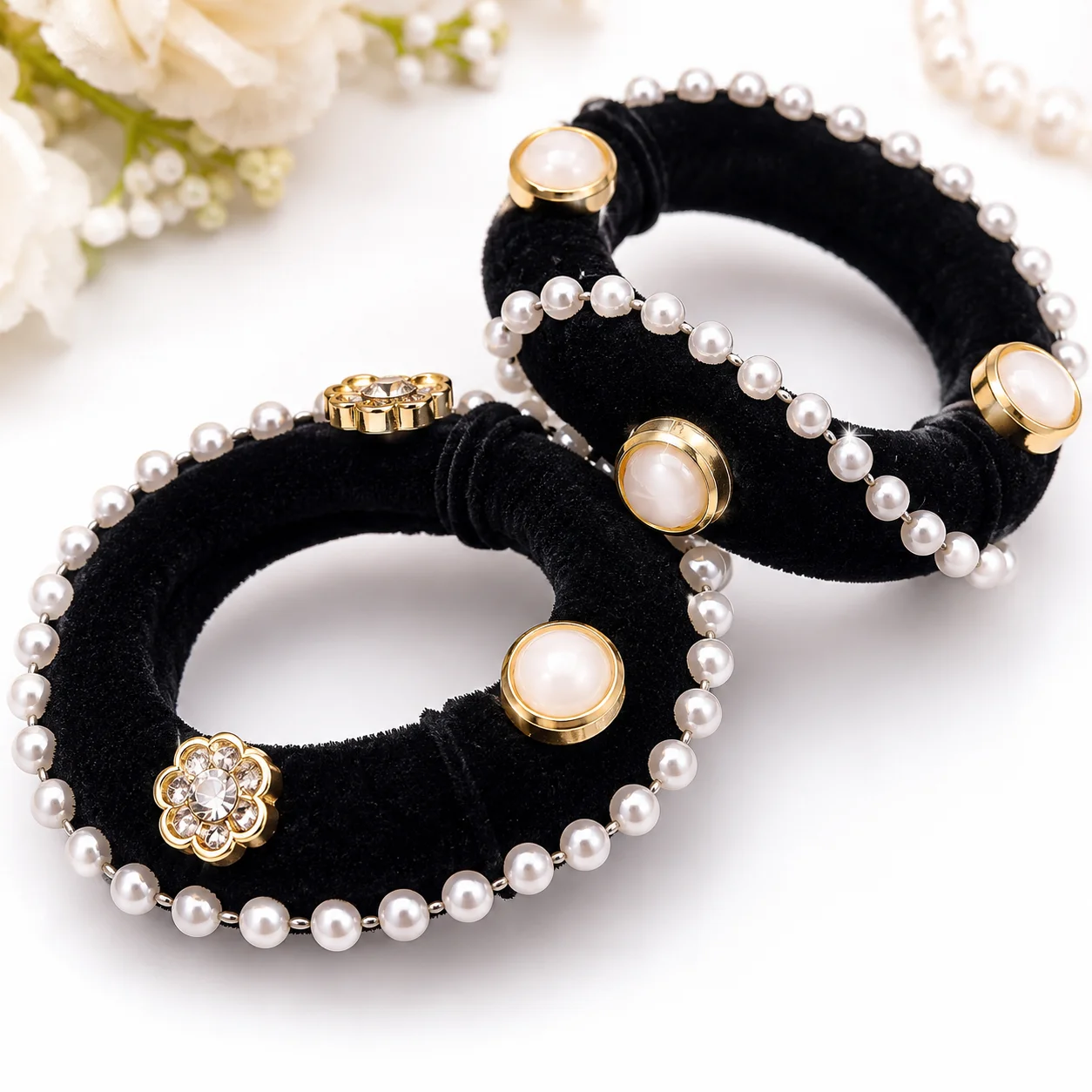 Luxury Black Velvet Pearl Hair Ties for Women & Girls