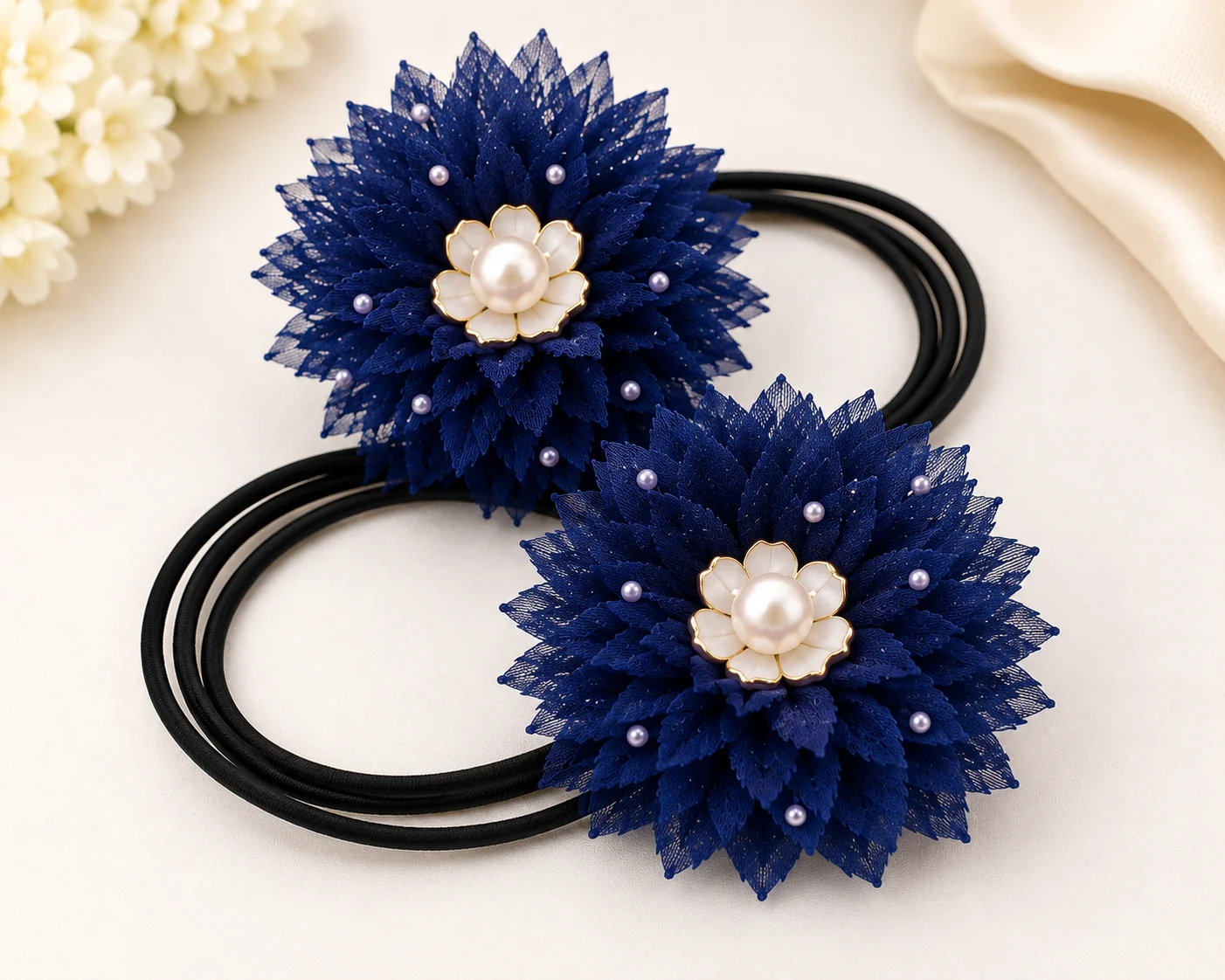 Navy Blue Floral Pearl Hair Tie Set for Girls & Women