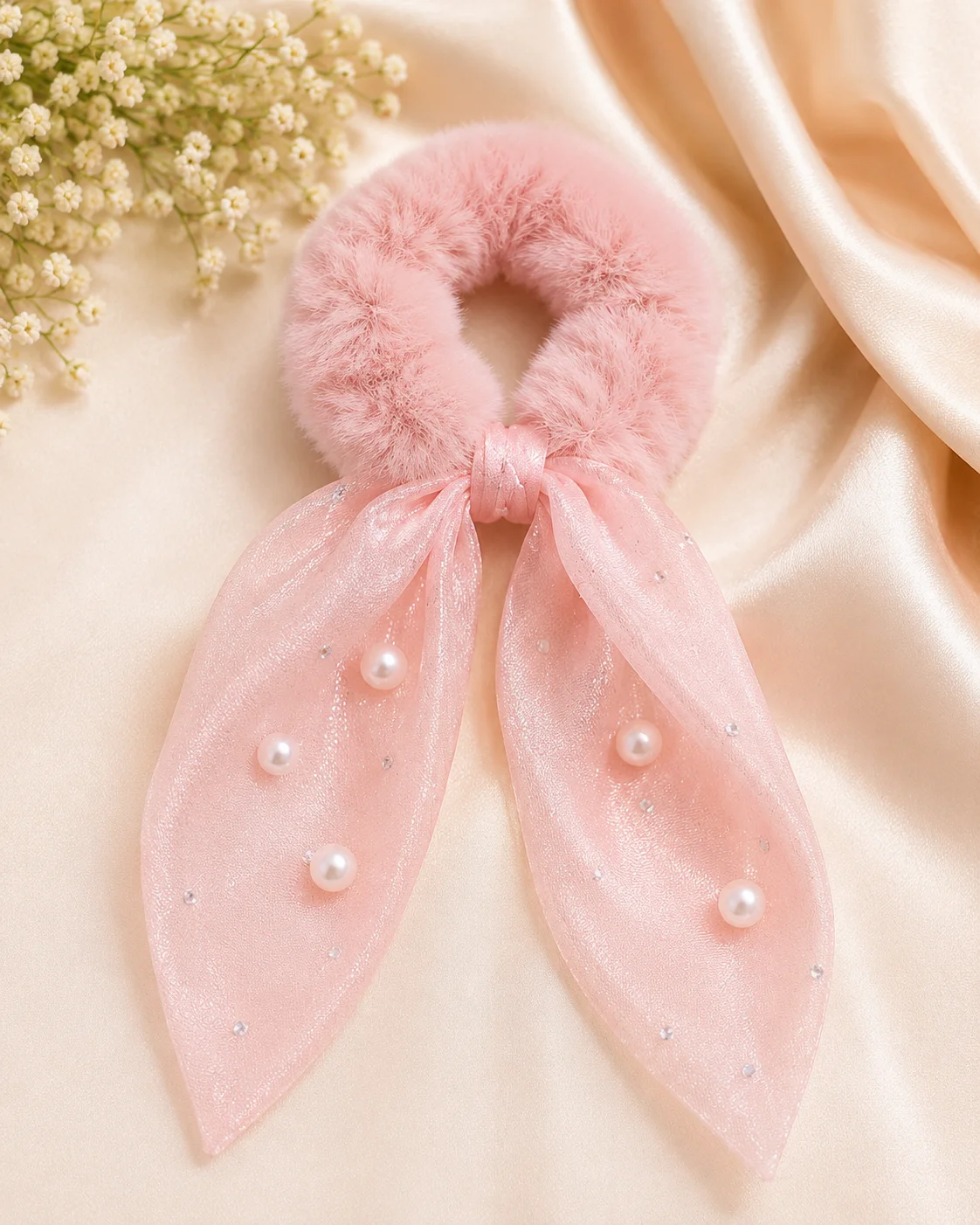 Luxury Faux Fur Pearl Bow Scrunchie Set