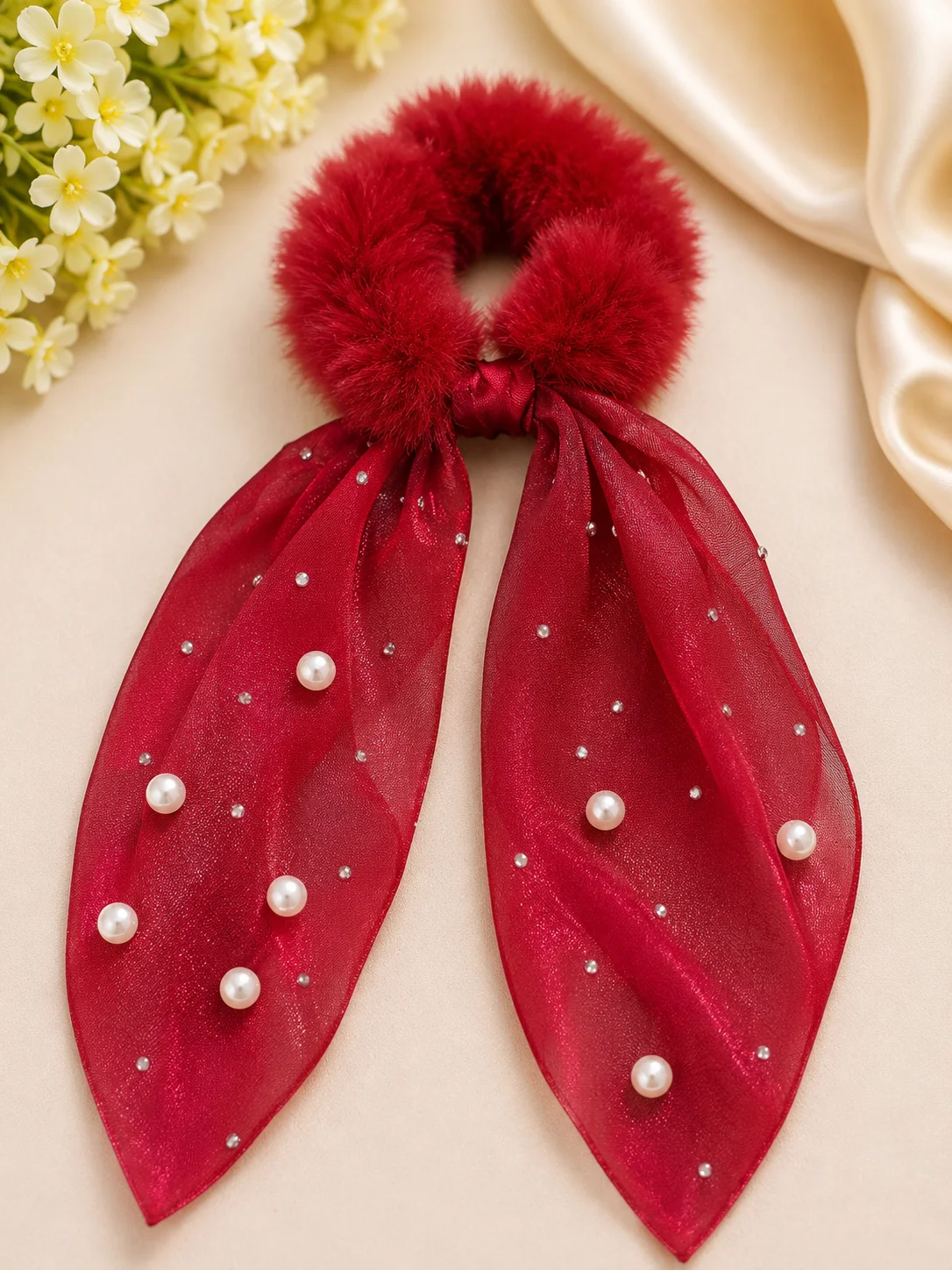Luxury Faux Fur Pearl Bow Scrunchie Set