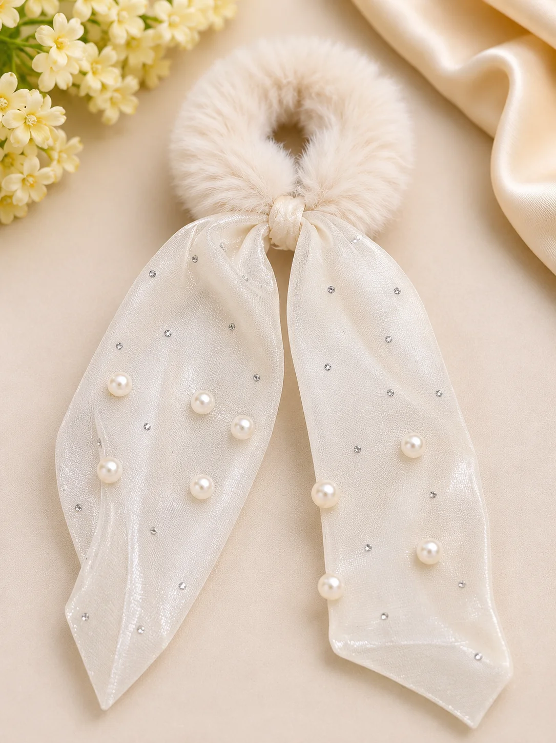 Luxury Faux Fur Pearl Bow Scrunchie Set