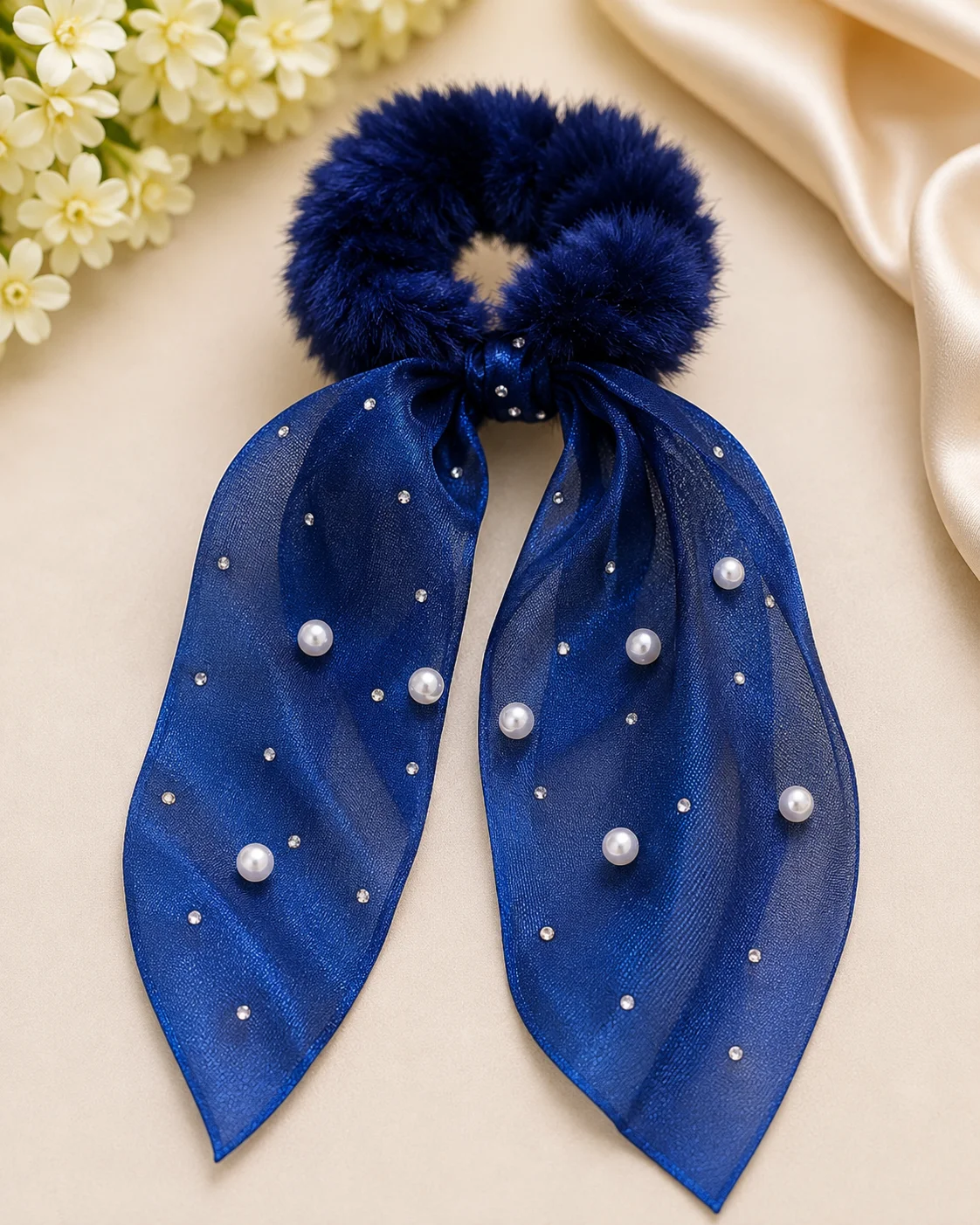 Luxury Faux Fur Pearl Bow Scrunchie Set