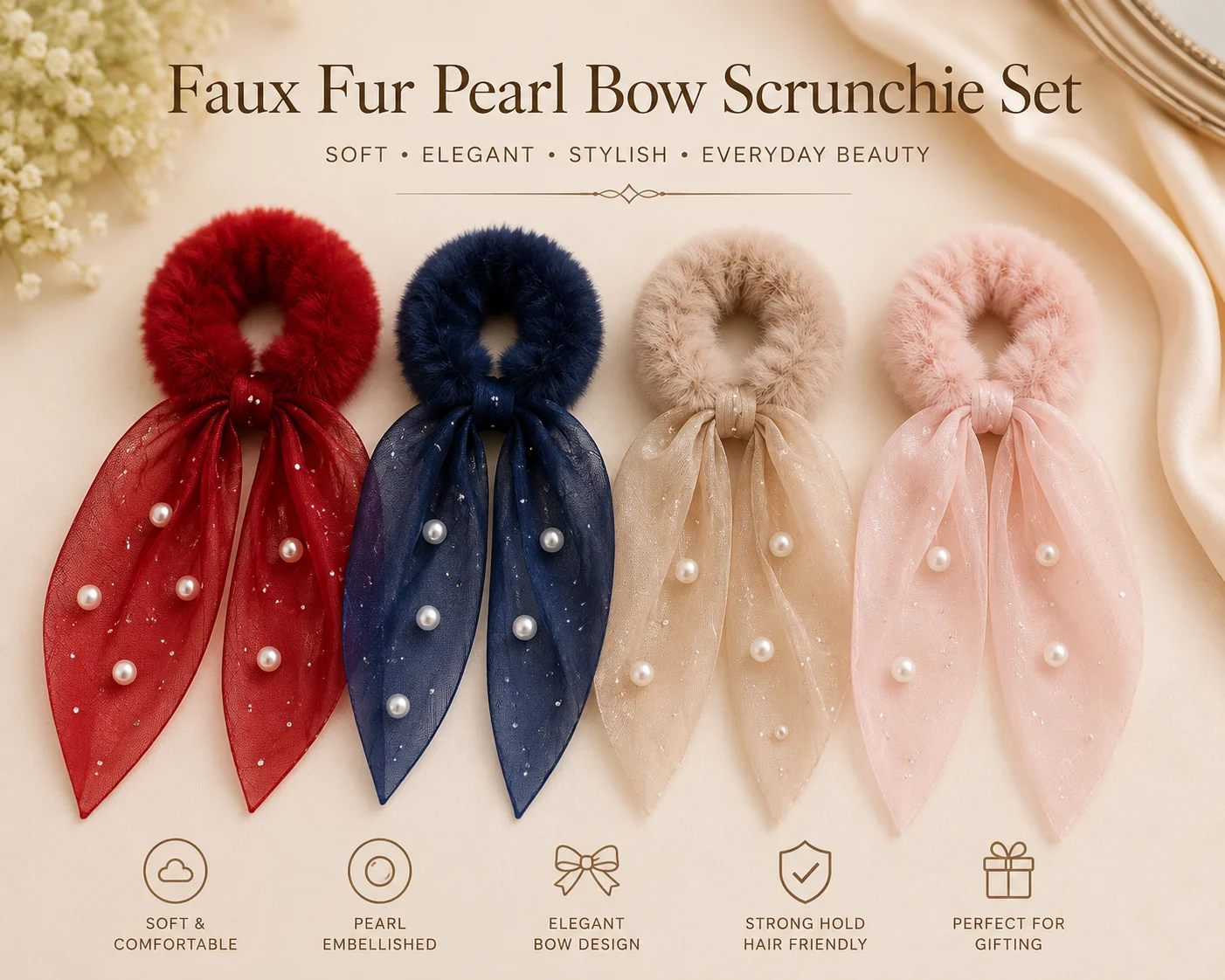 Luxury Faux Fur Pearl Bow Scrunchie Set