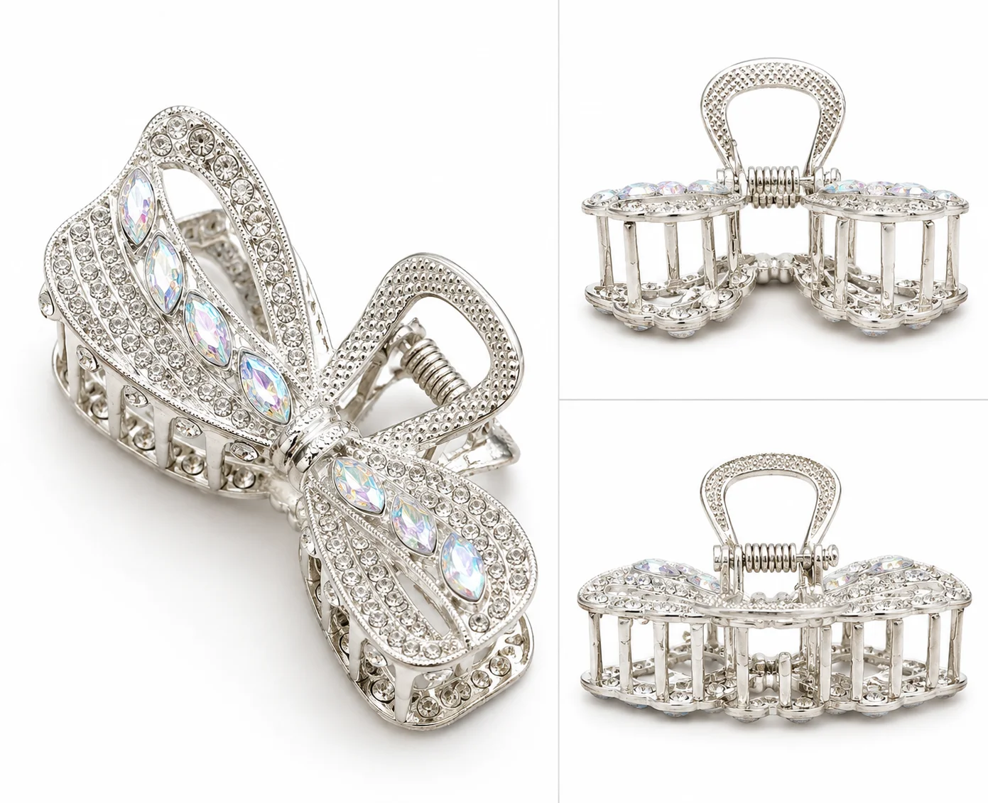 Luxury Silver Crystal Bow Hair Catcher for Women