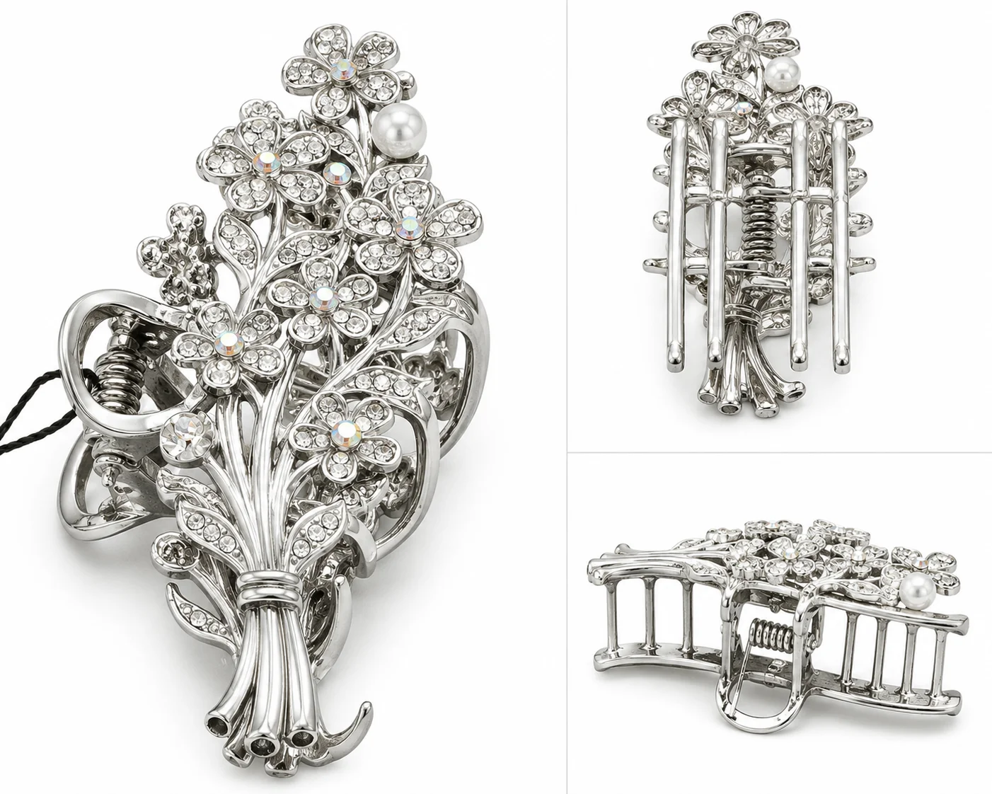 Luxury Silver Floral Crystal Hair Catcher for Women