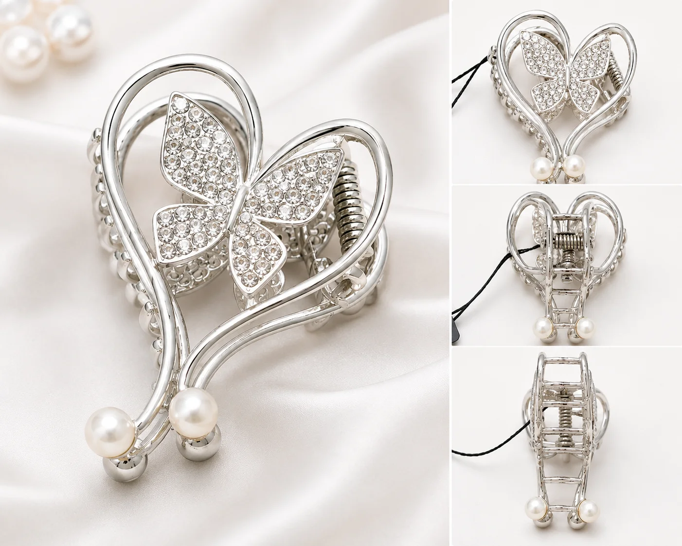 Crystal Heart Butterfly Hair Clatcher with Pearl Accents