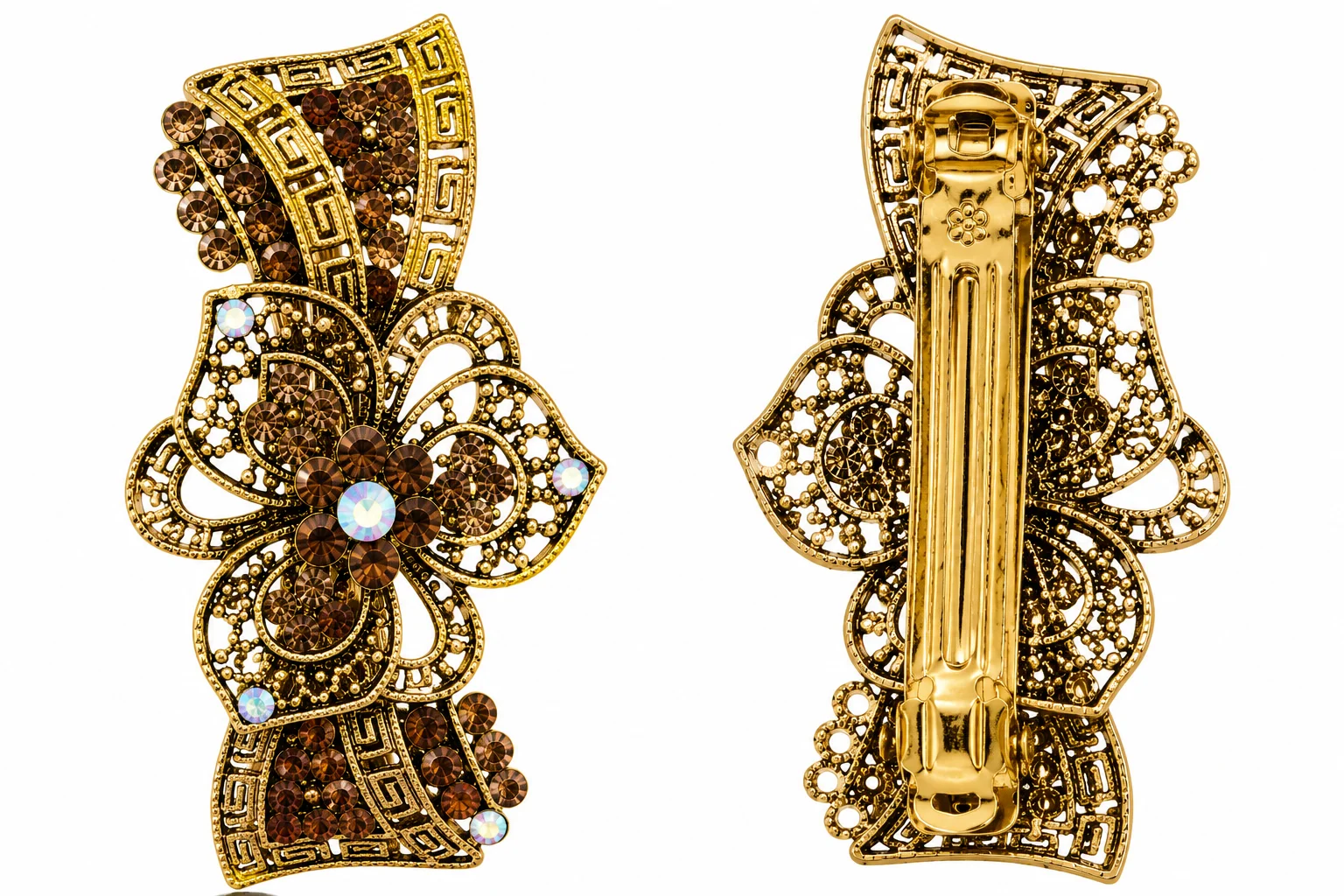 Luxury Crystal Floral Hair Clip Set – Gold Finish Rhinestone Barrettes
