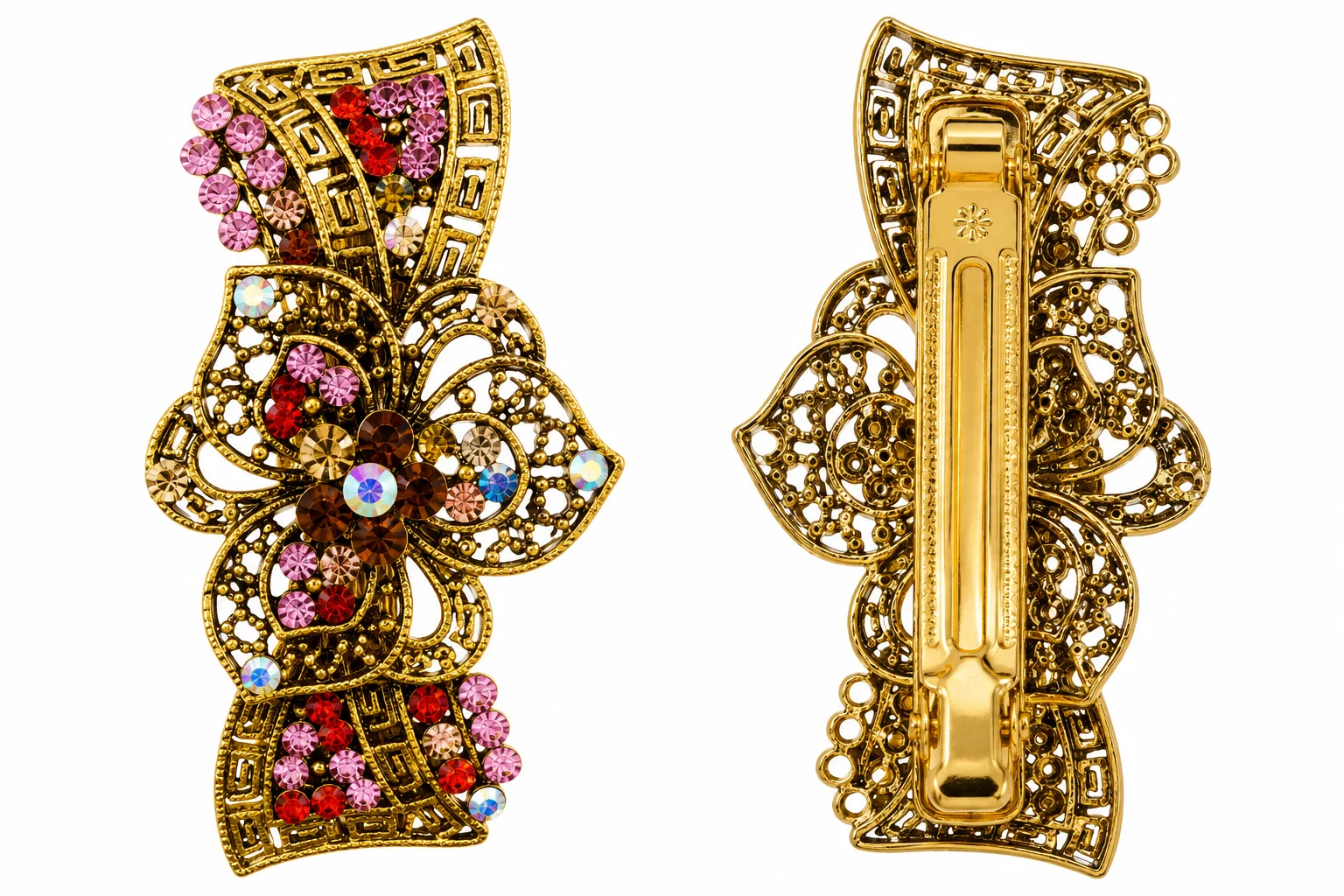 Luxury Crystal Floral Hair Clip Set – Gold Finish Rhinestone Barrettes