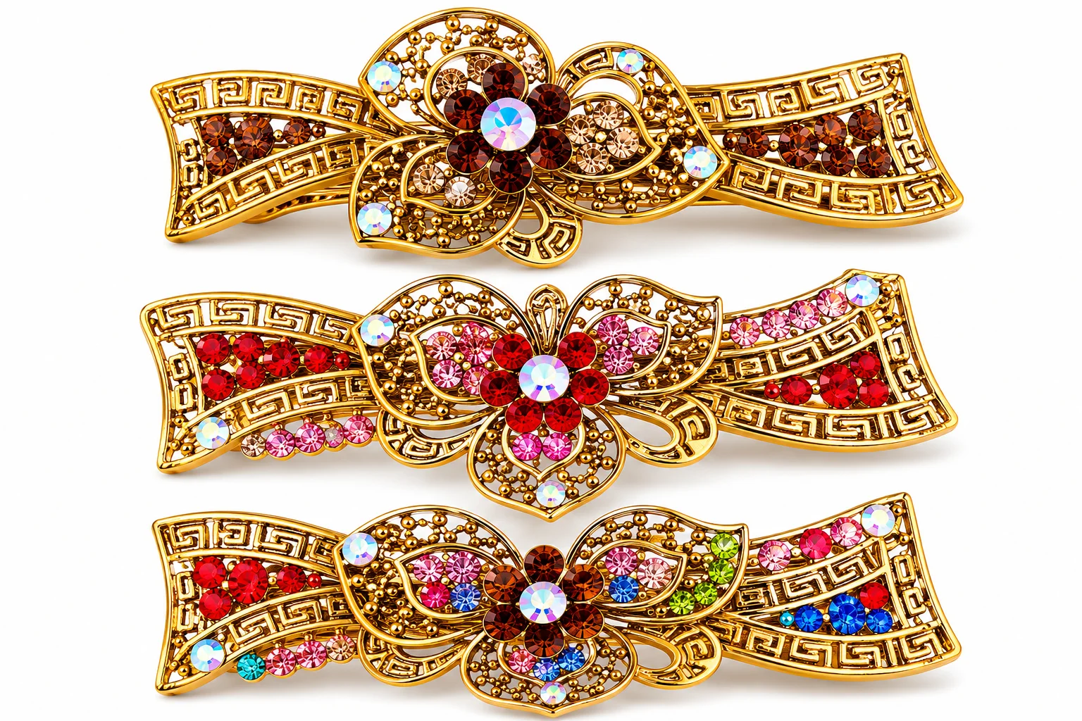 Luxury Crystal Floral Hair Clip Set – Gold Finish Rhinestone Barrettes