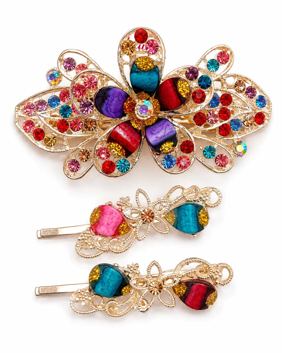 Luxury Red Stone Floral Jewelry Set – Brooch & Matching Hair Pins