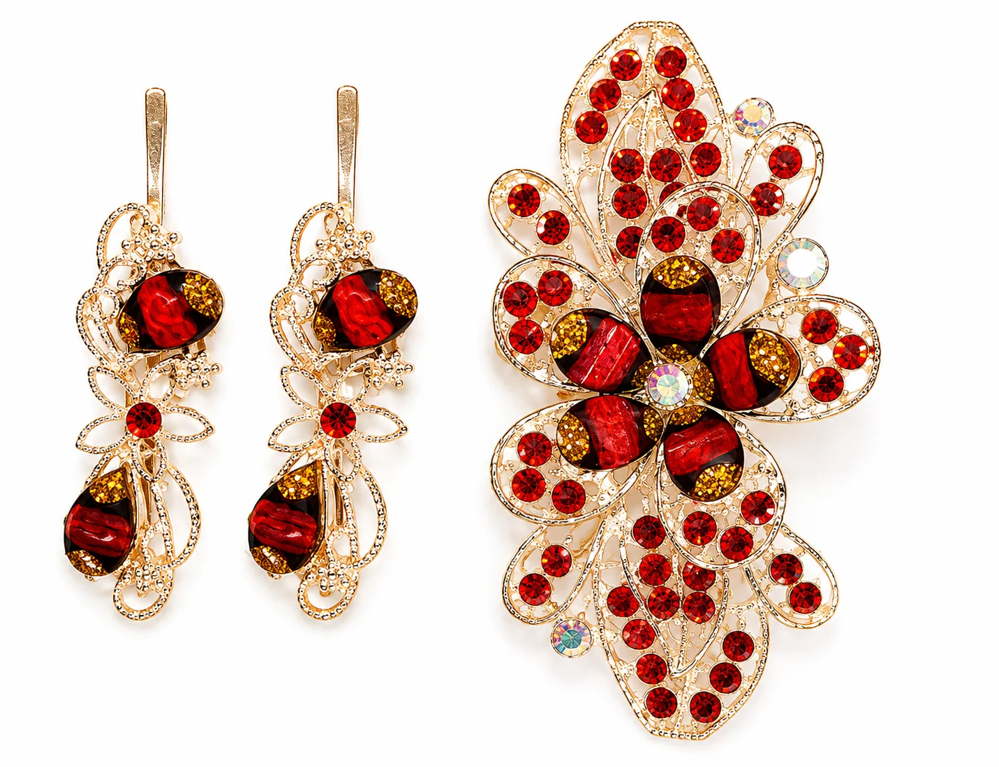 Luxury Red Stone Floral Jewelry Set – Brooch & Matching Hair Pins