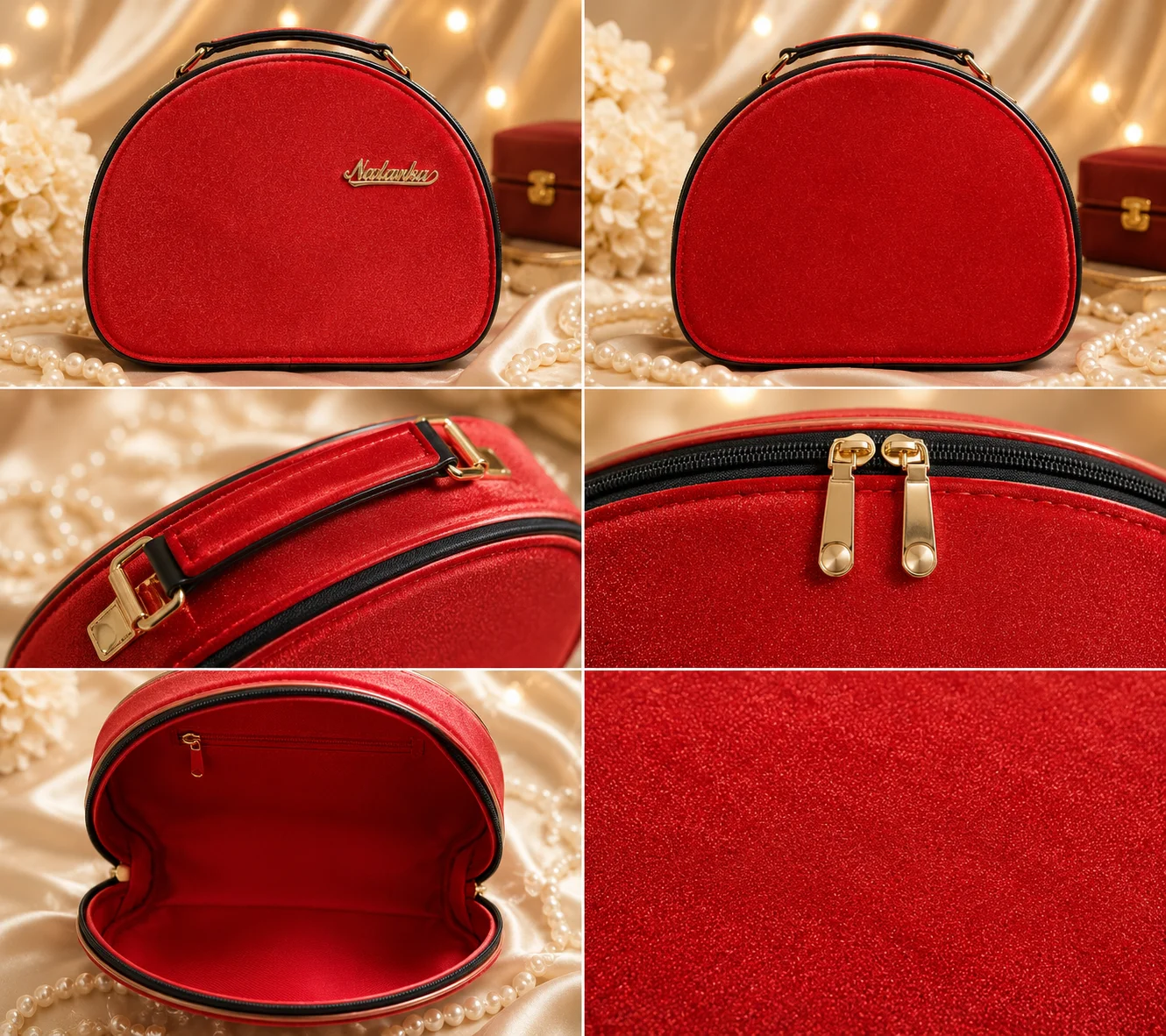2 Color Luxury Velvet Makeup & Travel Cosmetic Bag Set – Red & Champagne Gold