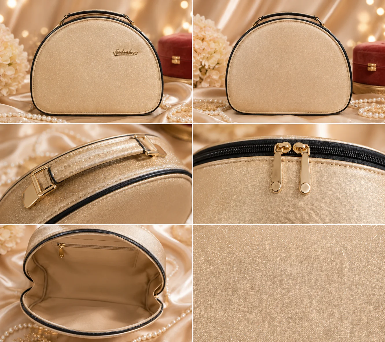 2 Color Luxury Velvet Makeup & Travel Cosmetic Bag Set – Red & Champagne Gold